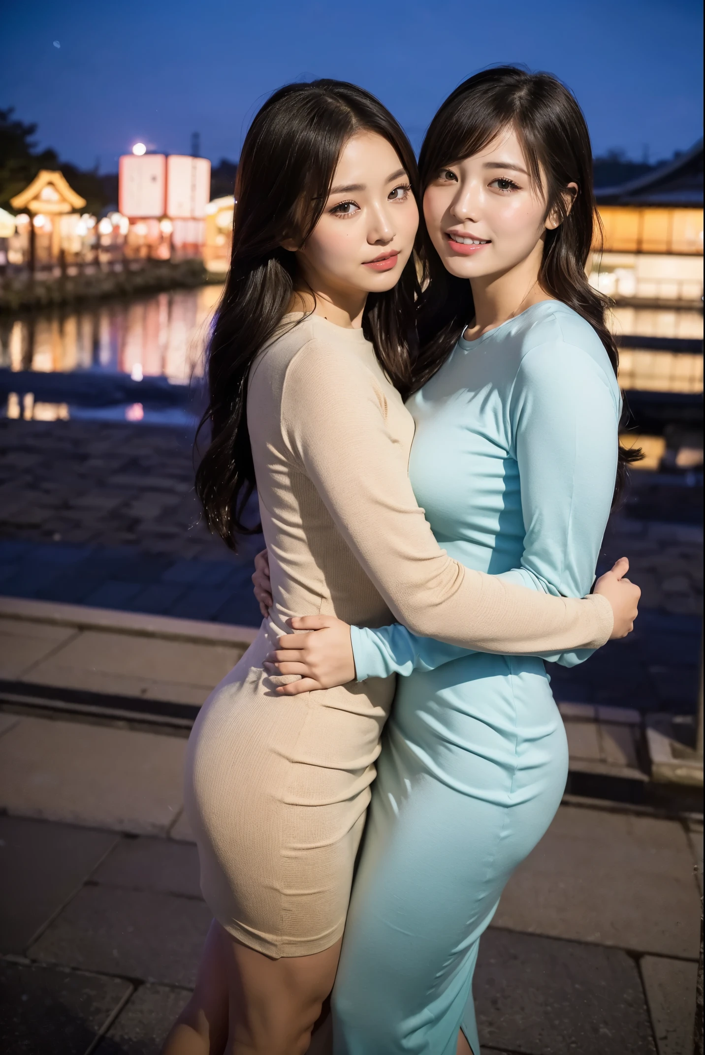 (masutepiece,High quality,16k:1.1),(depth of fields:1.3) ,((front body:1.35)),  Japanese ,2Woman, land mine make-up ,hug each other,Beanie , Long Sleeve U neck  Maxi (((Tight))) leather Dress, huge breasts, voluptuous, thicc, curvy,(Looking at Viewer:1.3),(full body shot:1.2),snowy landscape,(It's snowing:1.2),(Beautiful night view of Japan Tokyo town:1.2)