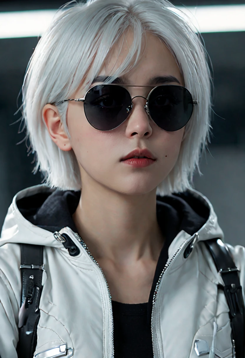 1girl, realistic, sunglasses, white hair, zipper, short hair, nose, looking at viewer, hood, jacket, futuristic glasses, sharp focus, cinematic, candid, romantic, intricate, elegant, generous, pretty, attractive, beautiful, dramatic, thought, highly detailed, girl, (High detail, photograph, realistic), (best quality, masterpiece, Representative work, official art, Professional, 8k:1.3)