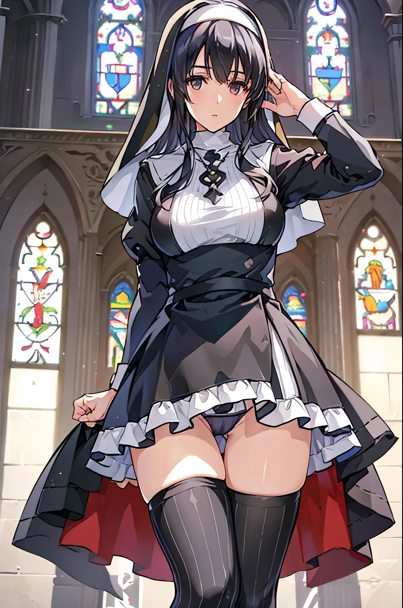 (best quality, In 4K, 8K, High resolution, muste piece:1.2),solo woman,Super detailed, (Reality, photorealistic, photorealistic:1.37),  30 year old woman,ripe woman,Mature woman,((inside a church),muste piece, Top quality, Ultra-fine,maximum resolution, Extremely detailed, ((nun,Angle from below,high neck,stripe panties,thigh high socks)),Cord,Black hair,Seductive thighs,mini skirt,long hair