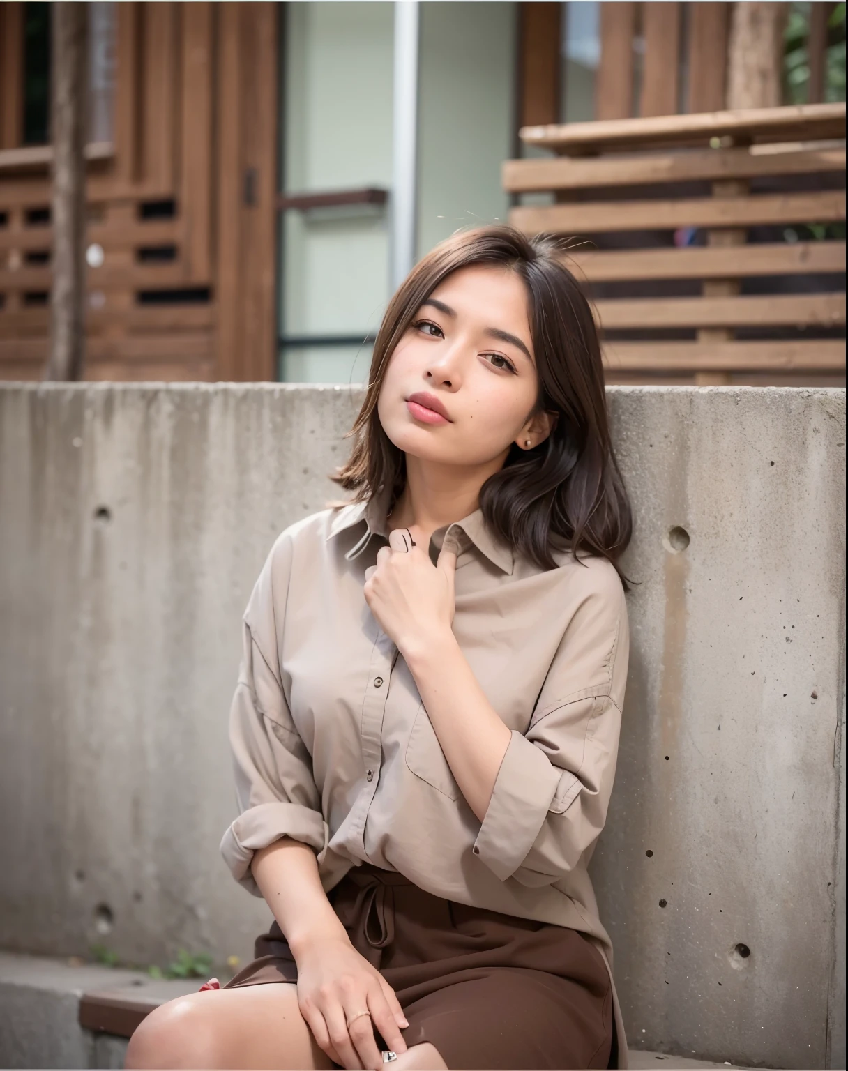 arafed woman sitting on a bench in front of a wall, nivanh chanthara, profile image, brown shirt, casual pose, 🤬 🤮 💕 🎀, headshot profile picture, 🤤 girl portrait, portait photo profile picture, shot with sigma f / 4. 2, shot with sigma f/ 4.2, profile pic, with short hair