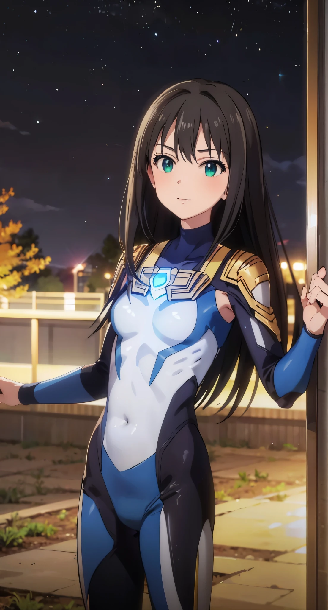 (masterpiece、highest quality、In 8K、High resolution:1.2)、alone、1 girl、 Rin Shibuya、tight clothes、cowboy shot、smile、Hero Suit、body suit、tight suit、trained abdominal muscles、Trained biceps、(nffsw :1.0）、 レッドウルトラマンbody suit、glowing gemstone on the chest、（building:1.2)、night scene