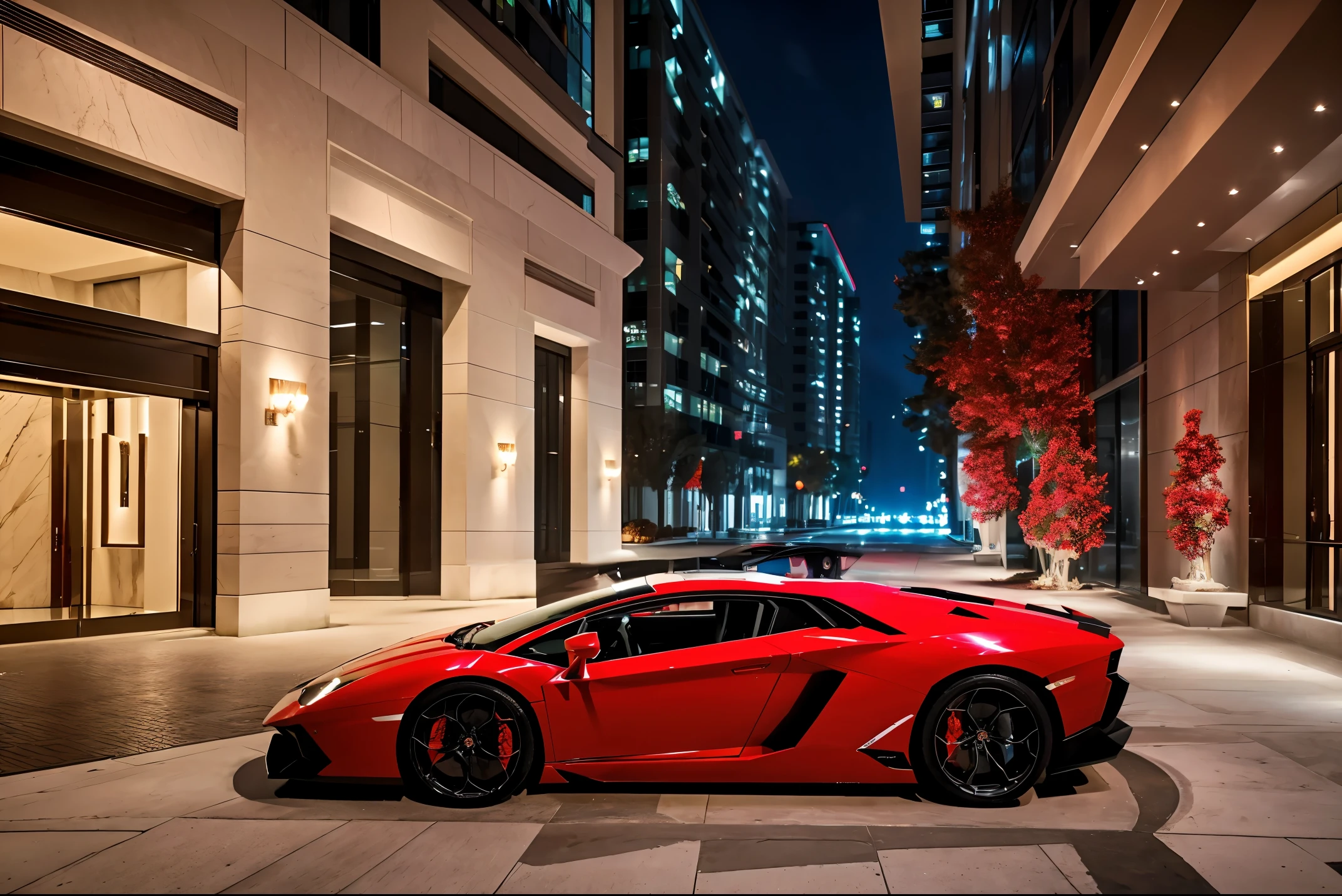 red lamborghini aventador　　precision and high quality　Very realistic three-dimensional feel　beautiful background　Street parking in front of the marble entrance of a super luxury resort condominium.　very beautiful lighting　beautiful street　stylish apartment　(shot from the side:1.3) very beautiful night light　After the rain　Wet ground