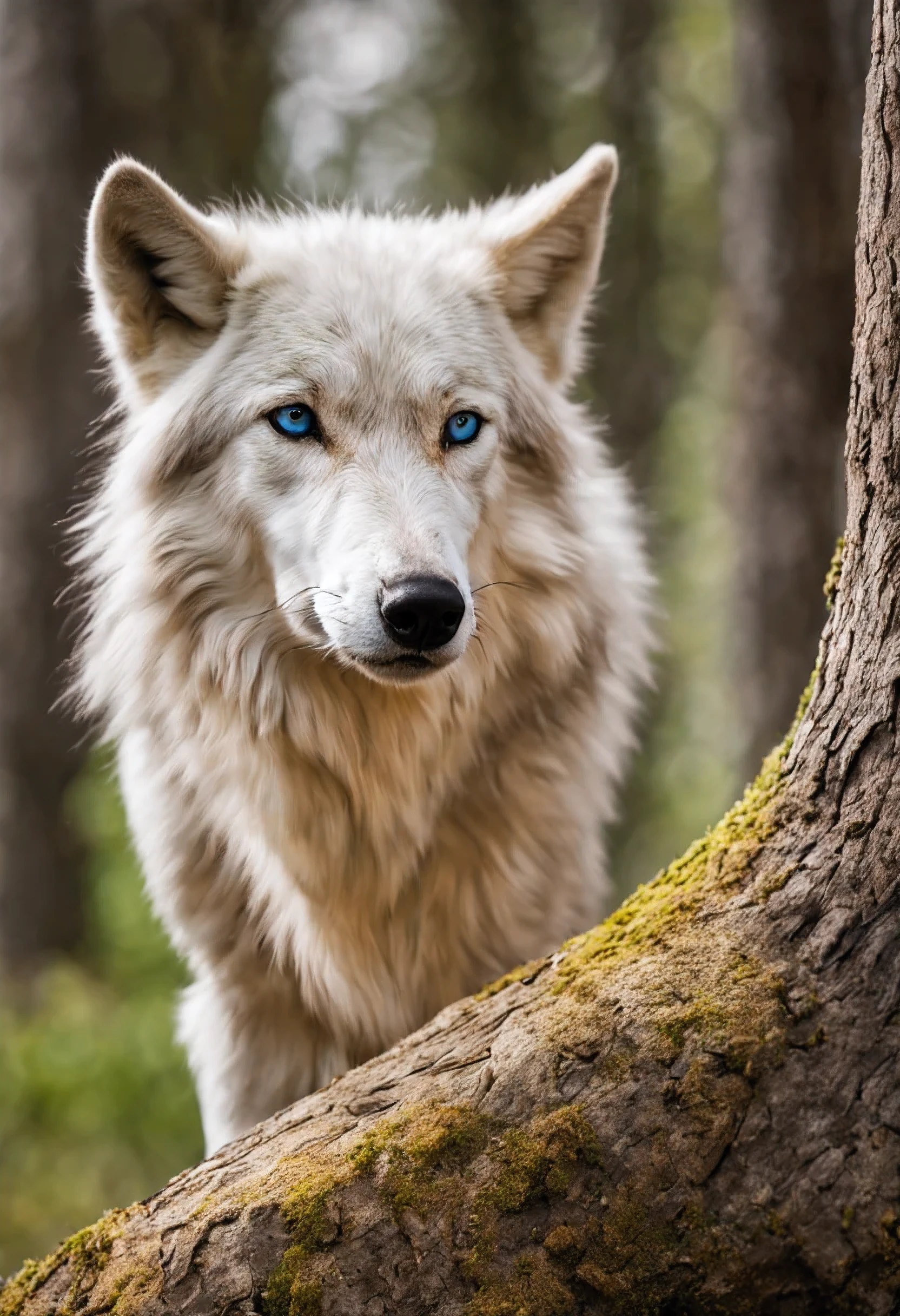 arafed white wolf looking at the camera with a tree in the background, a white wolf, white wolf, wolves and their treasures, white wolf with blue eyes, he has yellow wolf eyes, portrait of a wolf, photo of wolf, lone wolf, great wolf, by Wolf Huber, wolf, white - haired fox, wolf portrait, white fox, wolp