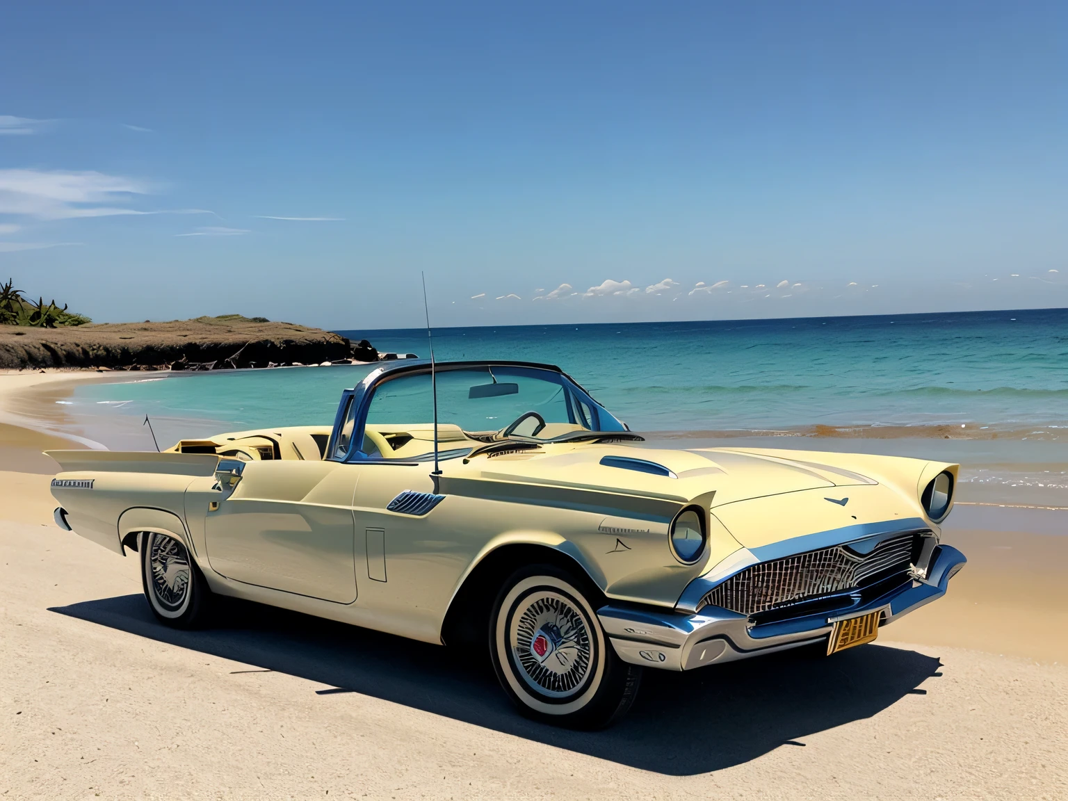 DIAGONAL CAMERA, obra prima, 1959 ford thunderbird convertible uncovered, COR de cobre polido cromado METALICO reflexivo, todo cromado cor de cobre polido, a pintura reflete a luz do sol, reflexo do brilho da luz na pintura, has GOLDEN WIDE STAR WHEEL is on fire, tem as rodas traseiras maiores, ridiculously lowered suspension at the front, there is a beautiful 18 year old girl standing next to the car, tem uma garota ao lado do carro, on a paradisiacal beach