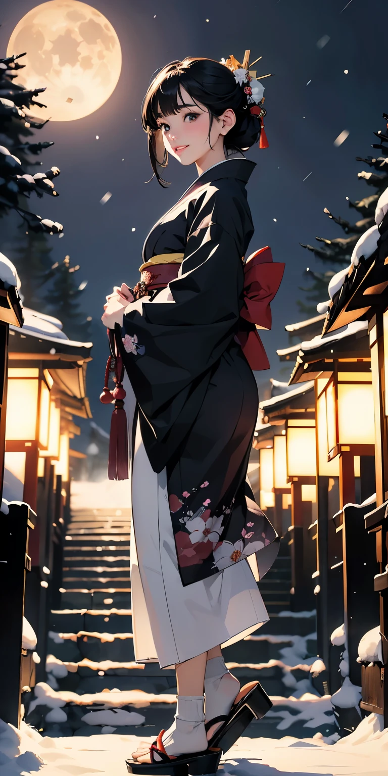 masterpiece、High resolution 8K、NSFW、sharp focus、contrast lighting、fine skin、 ultra high resolution、ultra high resolution、Detailed CG、snow scene at night、moon、lanthanum、that'It's snowing、Former shrine of Japan、temple、Quaint、Scenery with the main shrine torii gate - Angle、Descend the long stone steps in the pine forest、Beautiful woman、beautiful eyes、(detailed face and iace:1 2)、narrow eyes、almond eye、brown eyes、gradation eye、highlight:1.2)、(beautiful black hair、middle、asymmetrical bangs、medium hair)、(Woman in Japan kimono、Japanese pattern kimono、purple kimono)、(plump lips、glossy lips、small chest size) 、(oval face : 1.4)、(thin fingered arms、detailed human hand)、half-open smile、teeth visible、cowboy shot、white tabi socks、Women's clogs