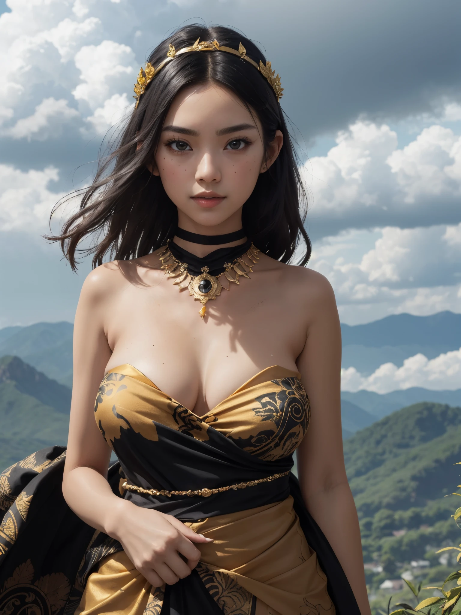 1girl, ((Tan skin:1.25):gold skin)), warm skin undertone, Austronesian, Indonesian, filipino, gigantic breasts, batik shawl, (black strapless dress:1.4), batik sash, royal jewelry headpiece, intricate golden armlet, royal statement necklace, cloudy weather, soft light, soft Shadow, detailed face, sharp focus, windswept, (full body;0.8), hills, mountain, floating leaves, 