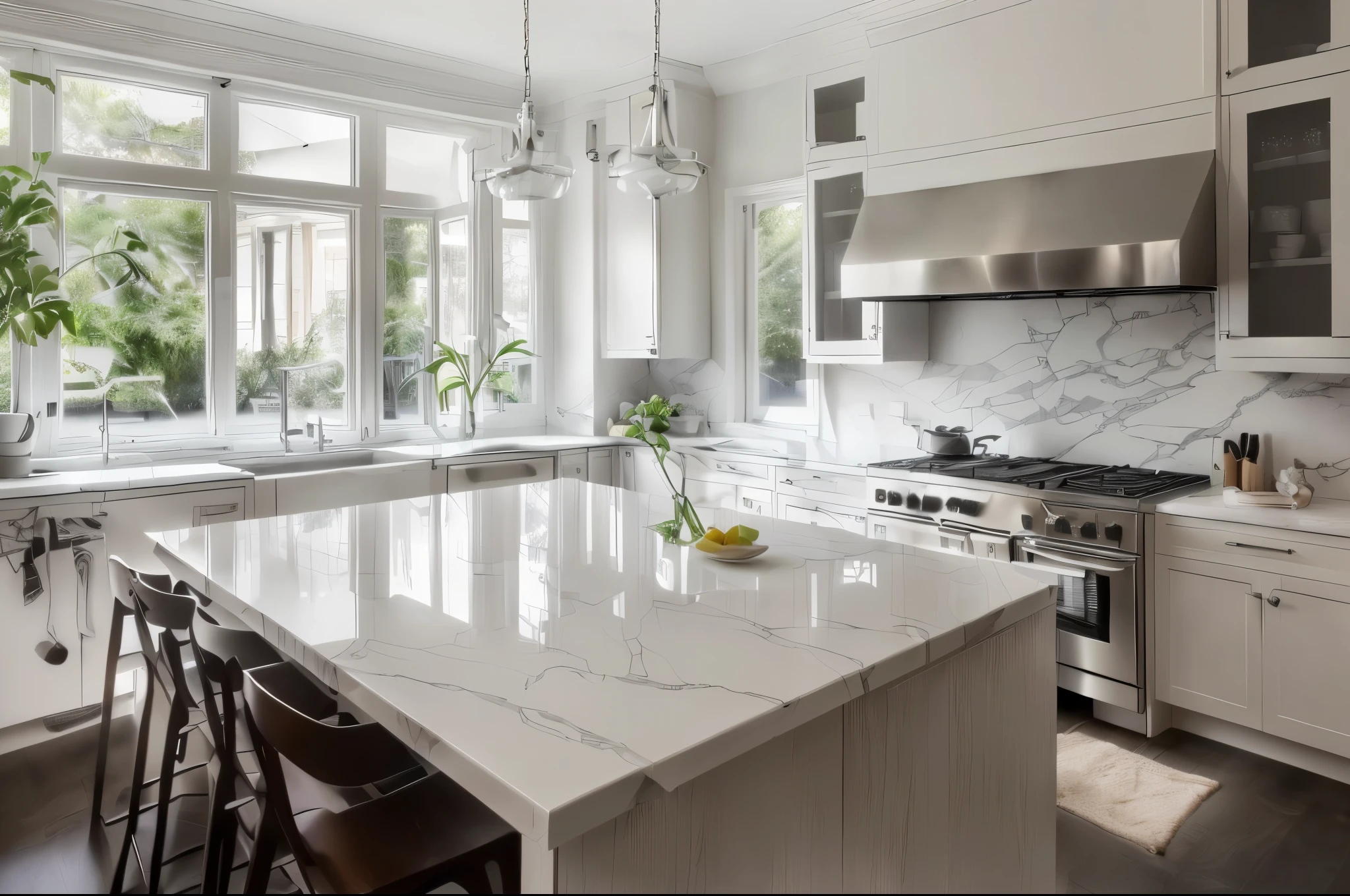il y a une grande cuisine avec un îlot en marbre et une cuisinière, comptoirs en marbre, détails de marbre exquis, surfaces en marbre lisses, détail exquiss, conception magnifique, Détails fins exquis, élégant et raffiné, marbre doré calacatta blanc, détail exquis, comptoir de cuisine, marbre céleste, chef-d&#39;œuvre primé, lignes nettes et épurées, design épuré et impeccable, conception de cuisine de luxe sur mesure