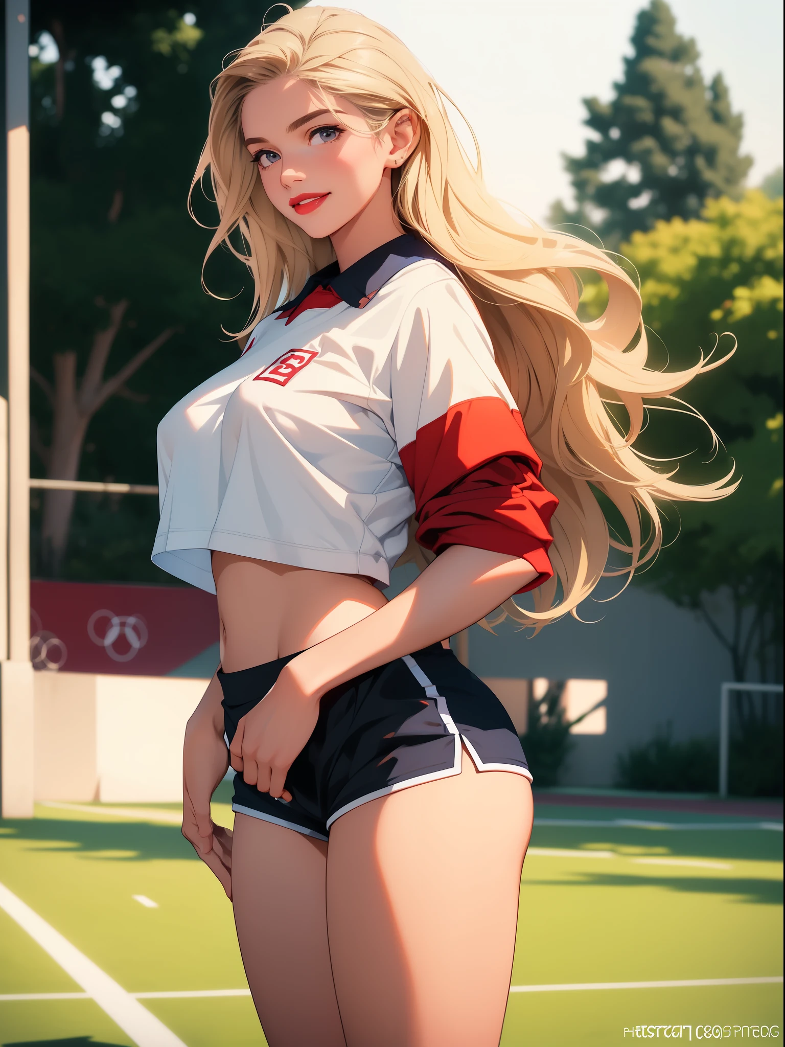 8k, best quality, masterpiece, clear, professional lighting, beautiful face, ultra high res, beautiful school girl, blond_hair ponytail, white school gym uniform, sport uniform, blue high_cut bloomers, more prism, vibrant color, , traditional Japanese pattern, ,underboob, shirt