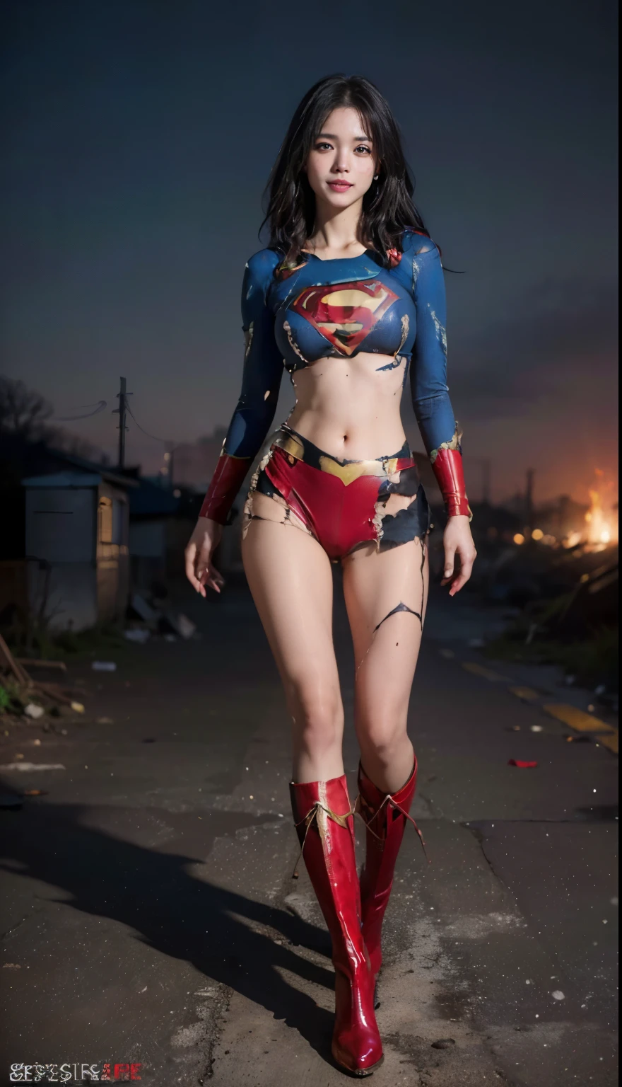 no background、(((Wear black tights on your beautiful legs.torn、Tattered、being destroyed)))、(((stretch your legs、tall、Legally express the beauty of your smile)))、((((Get the most out of your original images)))、(((supergirl costume、torn、Tattered、being destroyed)))、(((beautiful hair)))、(((I'm in pain)))、(((Legs must be worn with black tights)))、(((must wear red boots、being destroyed)))、((Highest image quality、8K))、((highest quality、8K、masterpiece:1.3))、(((keep background )))、clear focus:1.2、beautiful woman with perfect figure:1.4、Full of scars、bloody、full of blood、slender abs:1.2、wet body:1.5、Highly detailed face and skin texture、8K