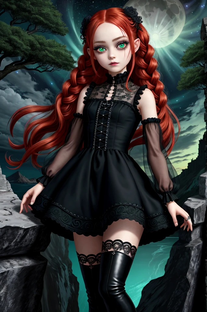 High definition vivid masterpiece,, Cute Goth Girl, ice green big doll eyes very detailed and intricate, glowing eyes, eye shadow and eyeliner, red hair, elaborate braids, long hair, elaborate goth loliss, ancient castle on high cliff overlooking ocean, night time, shafts of light through trees, fill moon, starry sky, playful facial expression, high heeled thigh high boots,