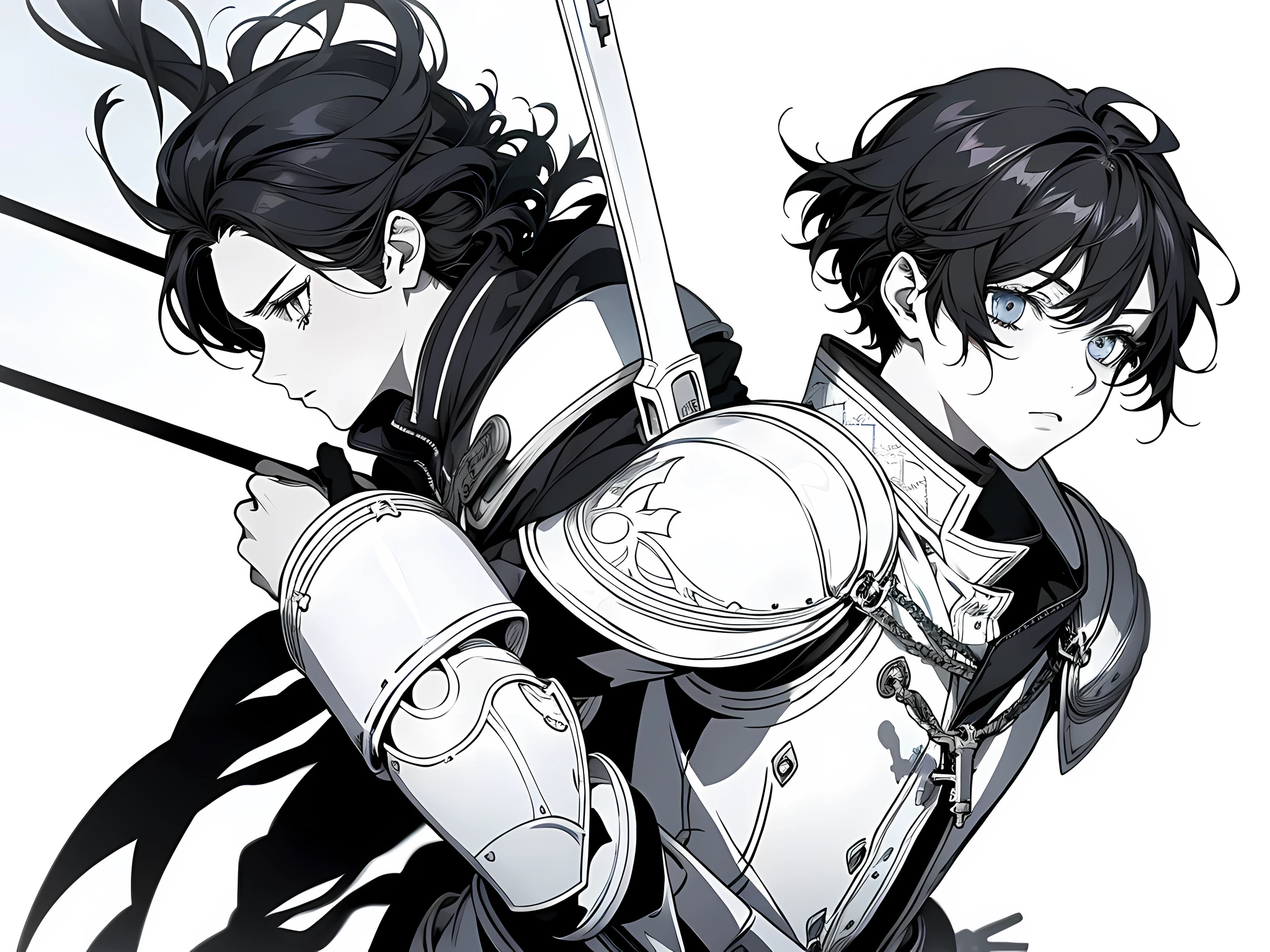 1 knight , full armor, detailed eyes, black hair, wavy hair, short hair, anime fencer, key anime art, an edgy assassin, the background is white, monochrome (clear line, lineart)