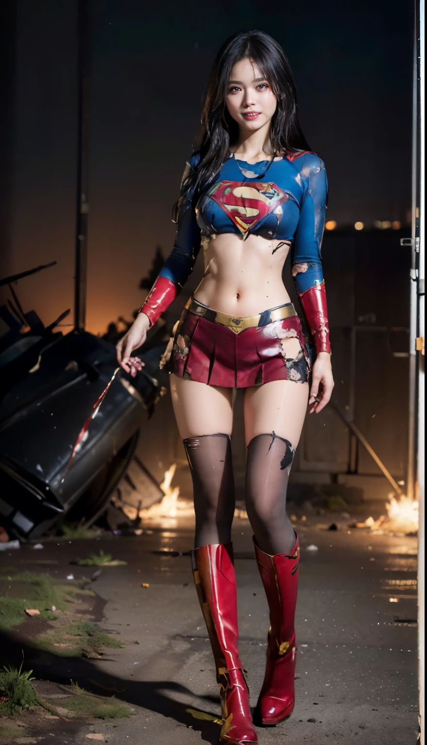 no background、(((Wear black tights on your beautiful legs.torn、Tattered、being destroyed)))、(((stretch your legs、tall、Legally express the beauty of your smile)))、((((Get the most out of your original images)))、(((supergirl costume、torn、Tattered、being destroyed)))、(((beautiful hair)))、(((I'm in pain)))、(((Legs must be worn with black tights)))、(((must wear red boots、being destroyed)))、((Highest image quality、8K))、((highest quality、8K、masterpiece:1.3))、(((keep background )))、clear focus:1.2、beautiful woman with perfect figure:1.4、Full of scars、bloody、full of blood、slender abs:1.2、wet body:1.5、Highly detailed face and skin texture、8K