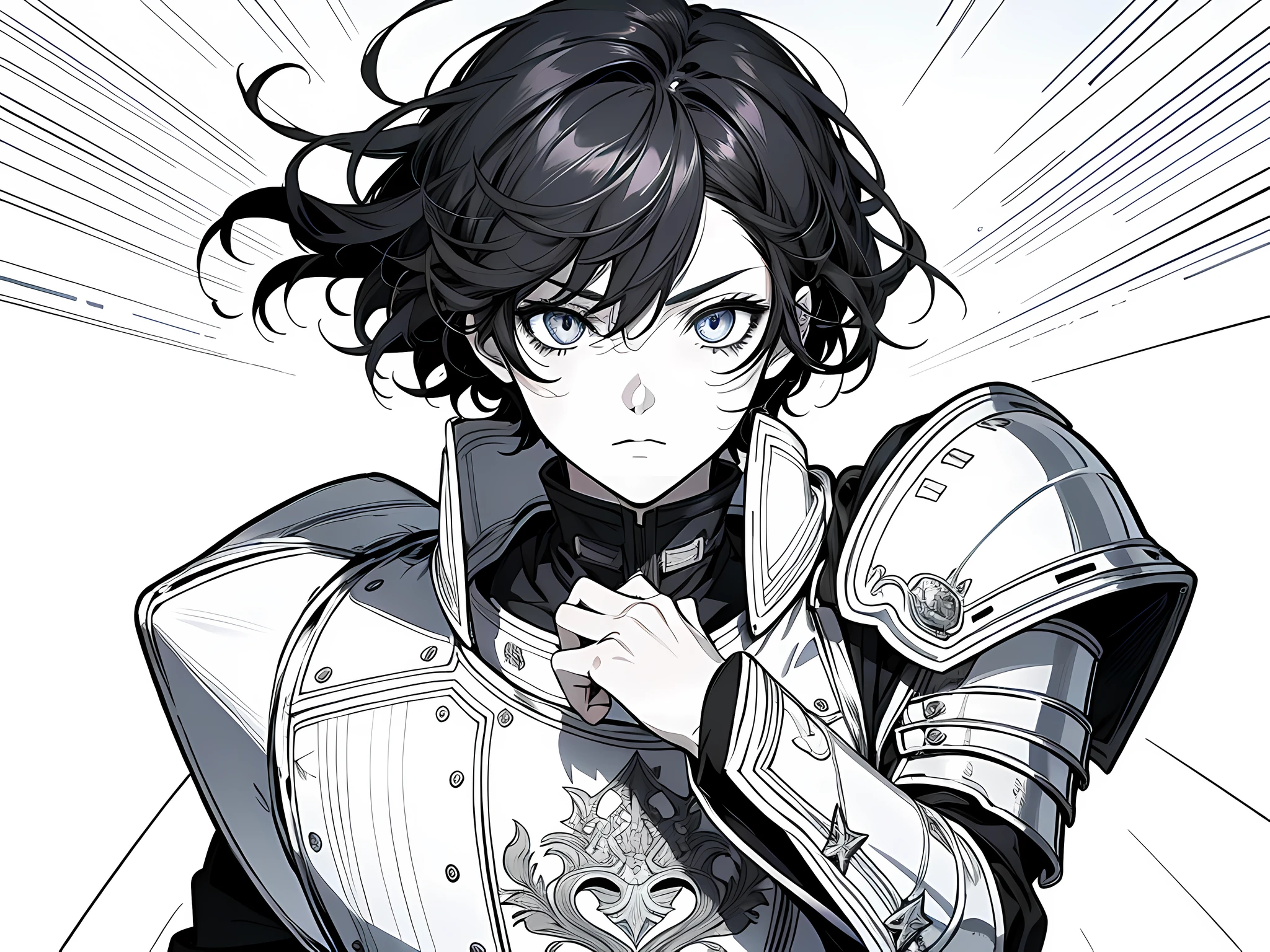 1 knight , full armor, detailed eyes, black hair, wavy hair, short hair, anime fencer, key anime art, an edgy assassin, the background is white, monochrome (clear line, lineart)