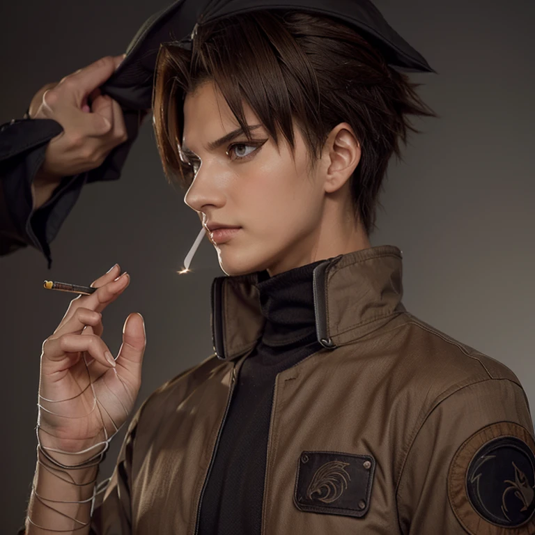 Anime Shippuden screencap, Studio Pierrot Style, 32 year old, sharp nose, firm and strong jaw, thin cheeks, light brown hair parted in the middle, eyes with dark brown eagle pupils, cigarette on his mouth, long-sleeved shirt neatly tucked into trousers wearing Jounin flak jacket new era after 4th great shinobi war as outerwear, bandage covering the right hand. show all his body