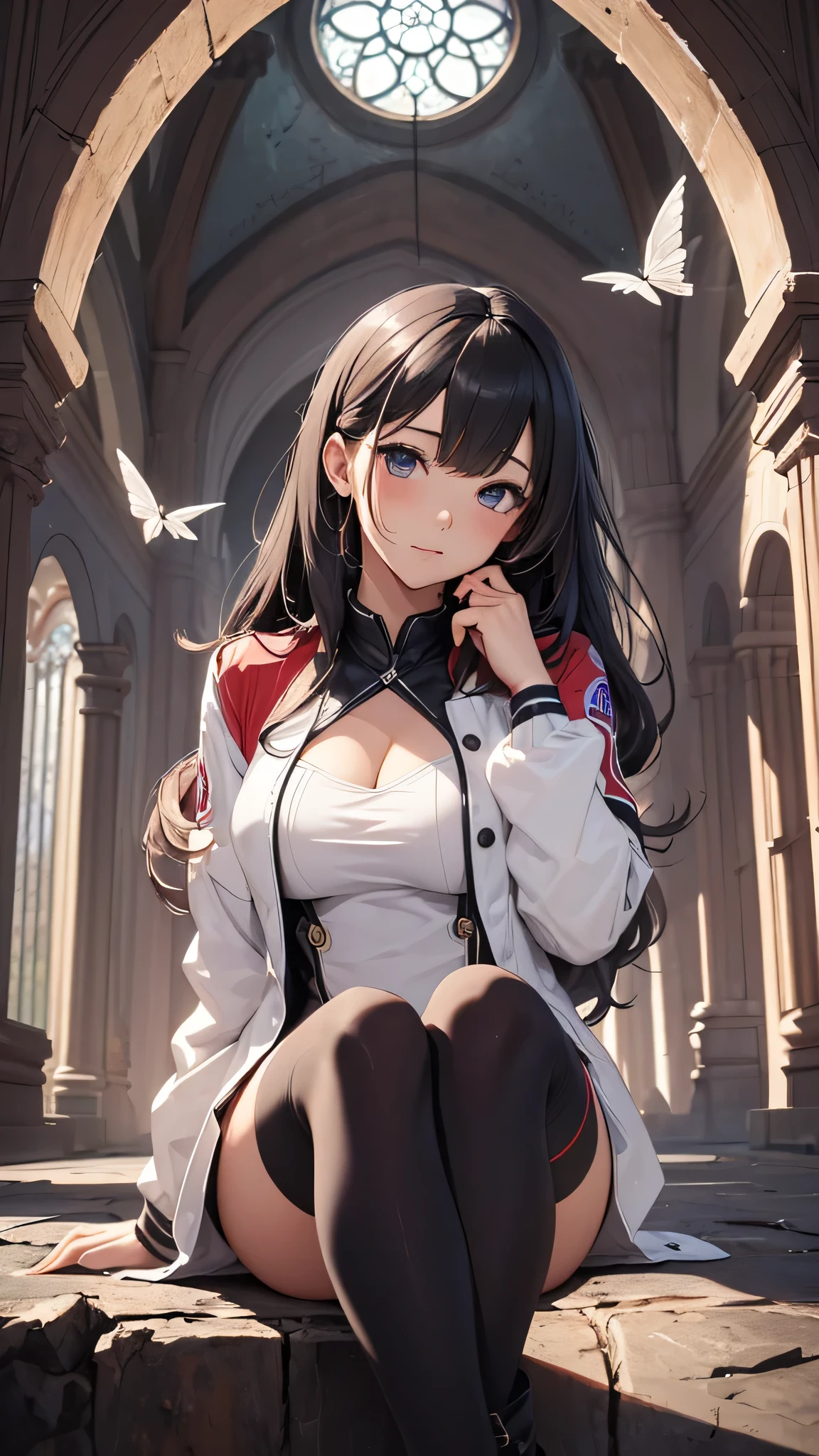 最high quality、best image quality、masterpiece、teenage girl((18-year-old、 By becoming、vest bust、medium bust,wide open breast tea、black eye, black hair、long hair、thin,highest valley、toned chest、white pilot suit、knee high boots、red jacket)),high quality、beautiful art、background((top of church at night)),debris flies、Depth of written boundary、movie、visual art、perfect art、8K,genuine