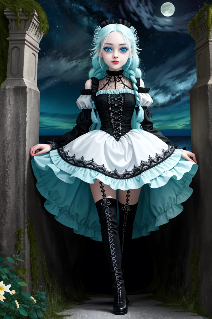 High definition vivid masterpiece,, Cute Goth loli Girl, ice blue big doll eyes very detailed and intricate, glowing eyes, eye shadow and eyeliner, elaborate braids, long white hair, elaborate goth loli dress, detailed castle on high cliff overlooking rough ocean in background, night time, shafts of light, full moon, starry sky, playful smiling facial expression, high heeled thigh high boots,