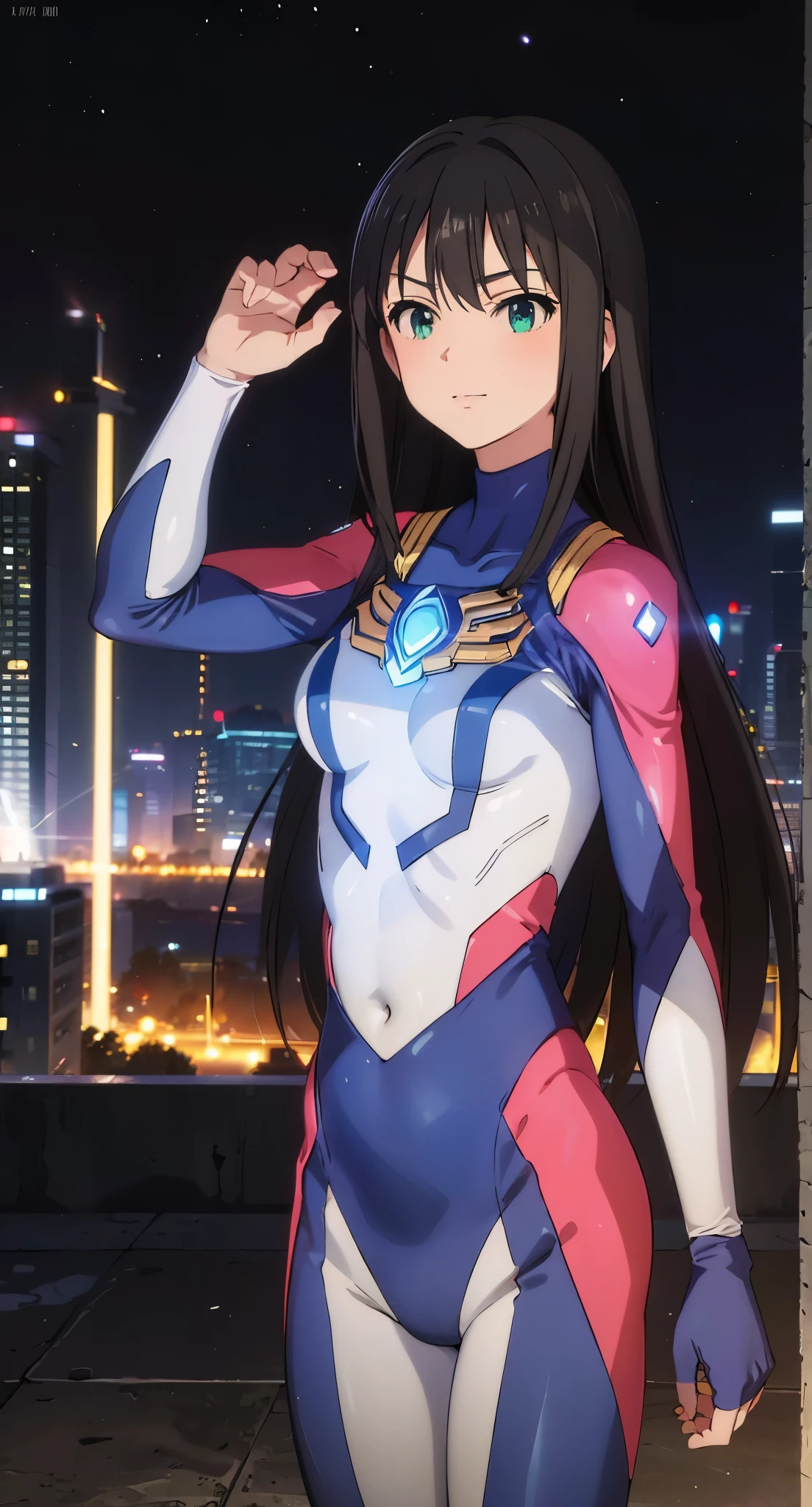 (masterpiece、highest quality、In 8K、High resolution:1.2)、alone、1 girl、 Rin Shibuya、tight clothes、cowboy shot、smile、Hero Suit、body suit、tight suit、trained abdominal muscles、Trained biceps、(nffsw :1.0)、 レッドウルトラマンbody suit、glowing gemstone on the chest、(building:1.2)、night scene