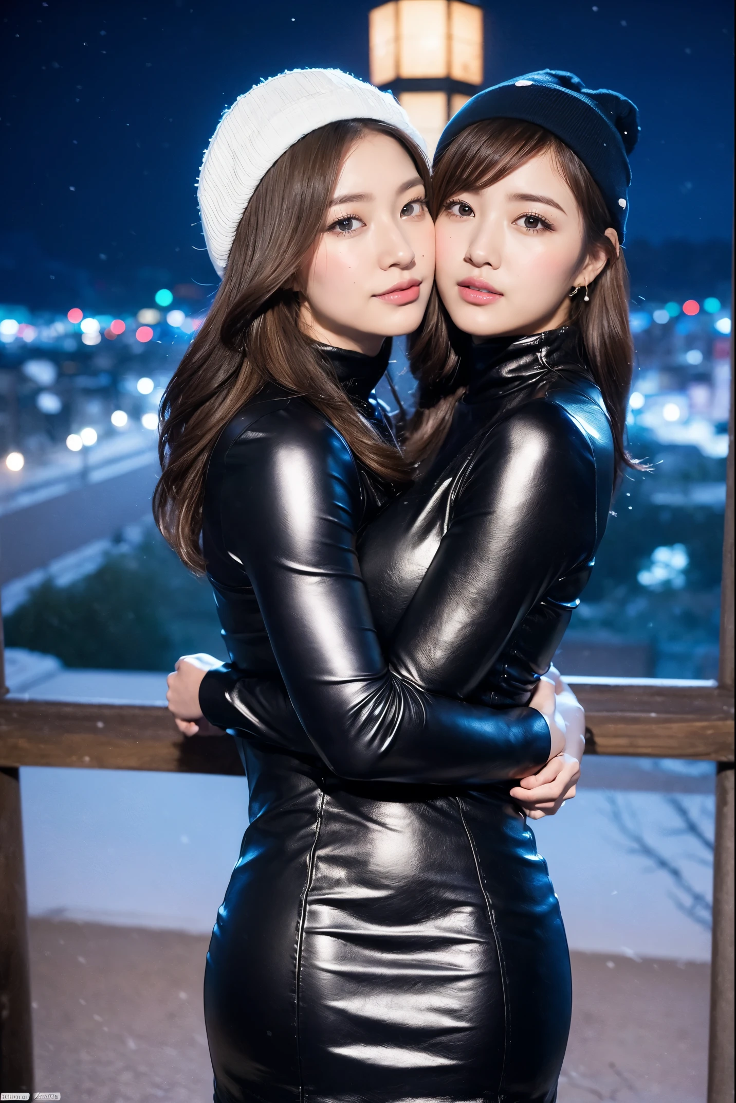 (masutepiece,High quality,16k:1.1),(depth of fields:1.3) ,((front body:1.35)),  Japanese ,2Woman, land mine make-up ,hug each other,Beanie , Long Sleeve U neck leather Maxi (((Tight))) Dress, huge breasts, voluptuous, thicc, curvy,(Looking at Viewer:1.3),(full body shot:1.2),snowy landscape,(It's snowing:1.2),(Beautiful night view of Japan Tokyo town:1.2)