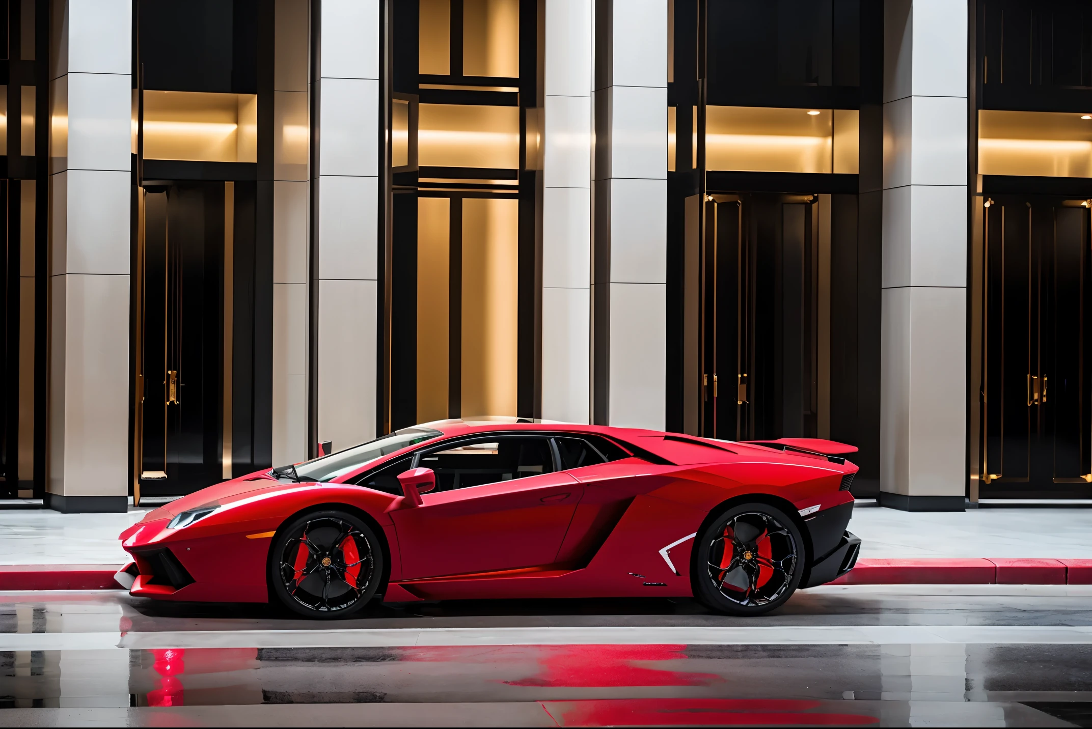 red lamborghini aventador　　precision and high quality　Very realistic three-dimensional feel　beautiful background　Street parking in front of the marble entrance of a super luxury resort condominium.　very beautiful lighting　beautiful street　very stylish apartment　(shot from the side:1.3) very beautiful night light　After the rain　Wet ground