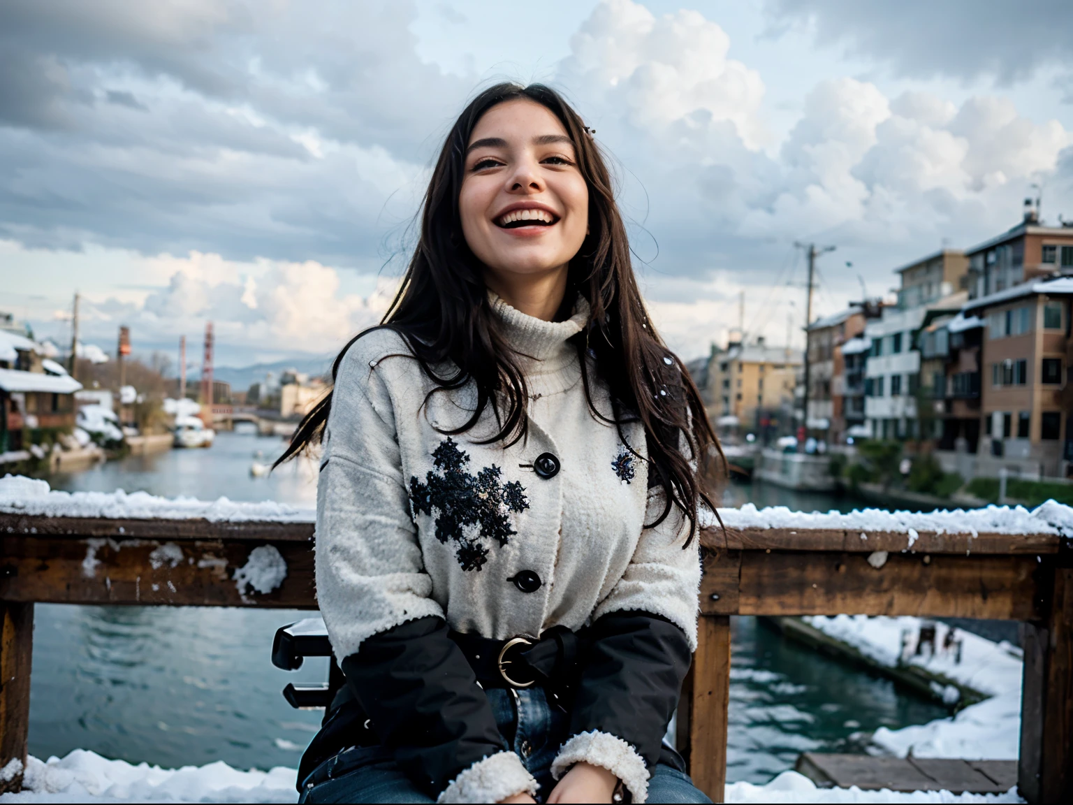 ((best quality)), ((masterpiece)), (detailed), perfect face , long black hair , waist shot , half body , winter , happy , laughing , sitting