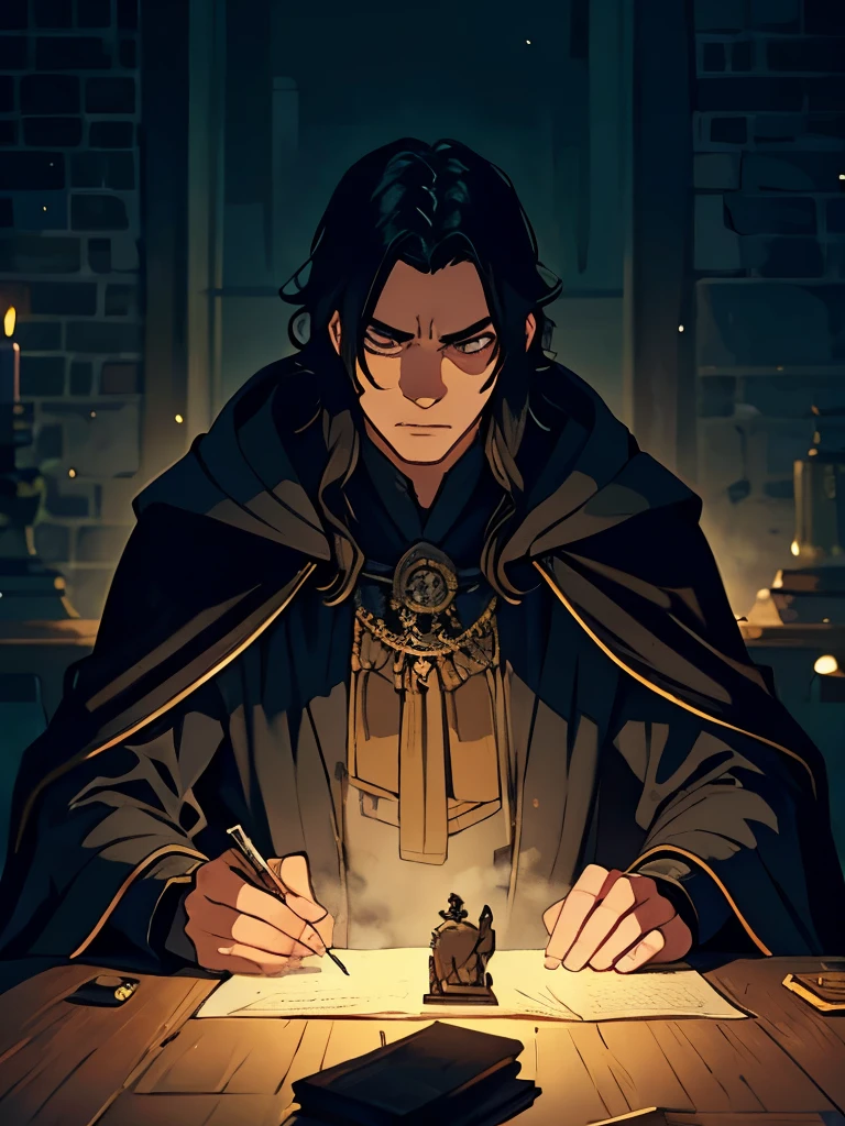 a man, with dark expression, shoulder-length black hair, wizard's robe, black Extremely long robe, wizard, old English magical castle, artstation, concept art, matte, sharp focus, illustration, hearthstone, art by artgerm and greg rutkowski and alphonse mucha