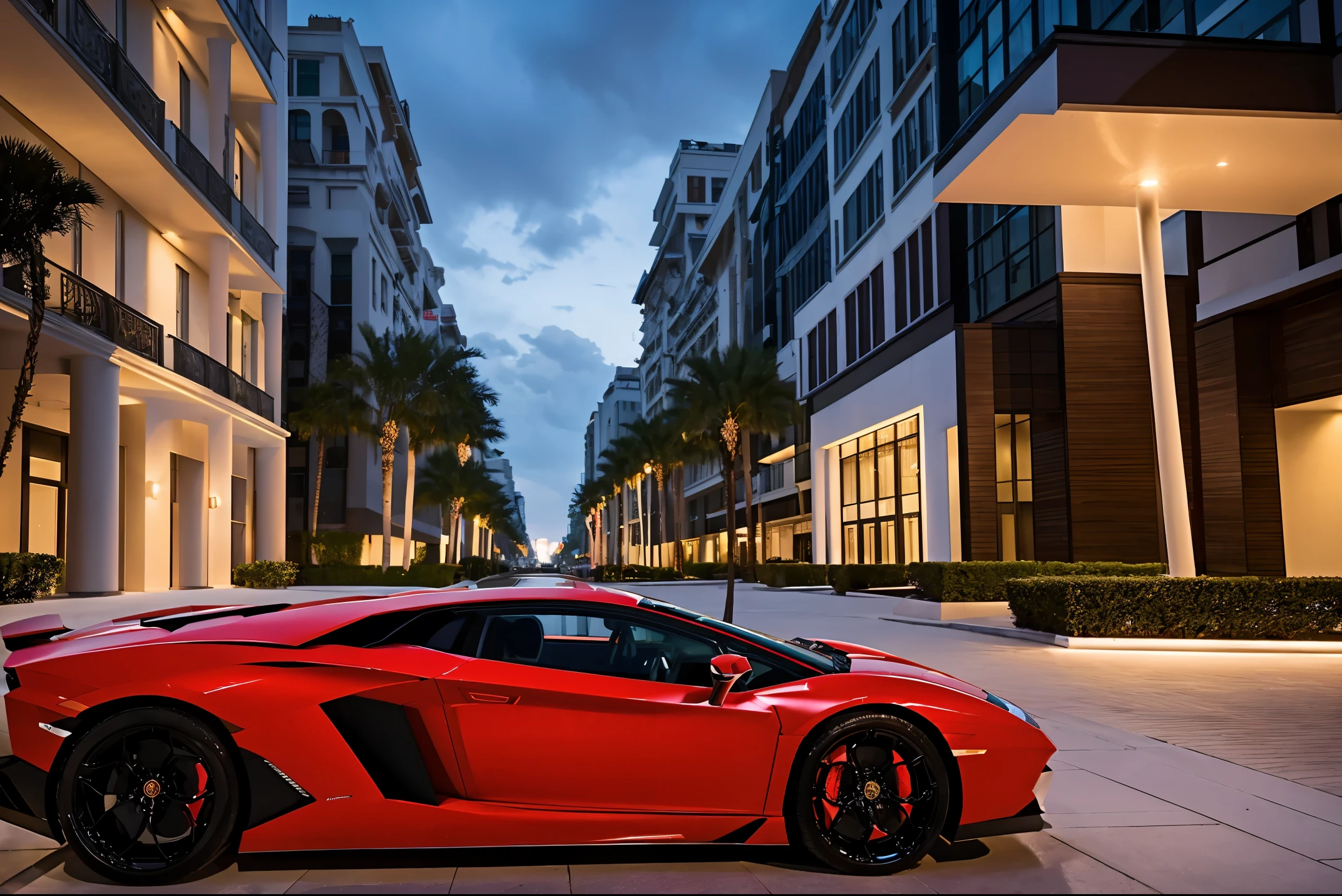 red lamborghini aventador　　precision and high quality　Very realistic three-dimensional feel　beautiful background　Street parking in front of the marble entrance of a super luxury resort condominium.　very beautiful lighting　beautiful street　very stylish apartment　(shot from the side:1.3) very beautiful night light　After the rain　Wet ground