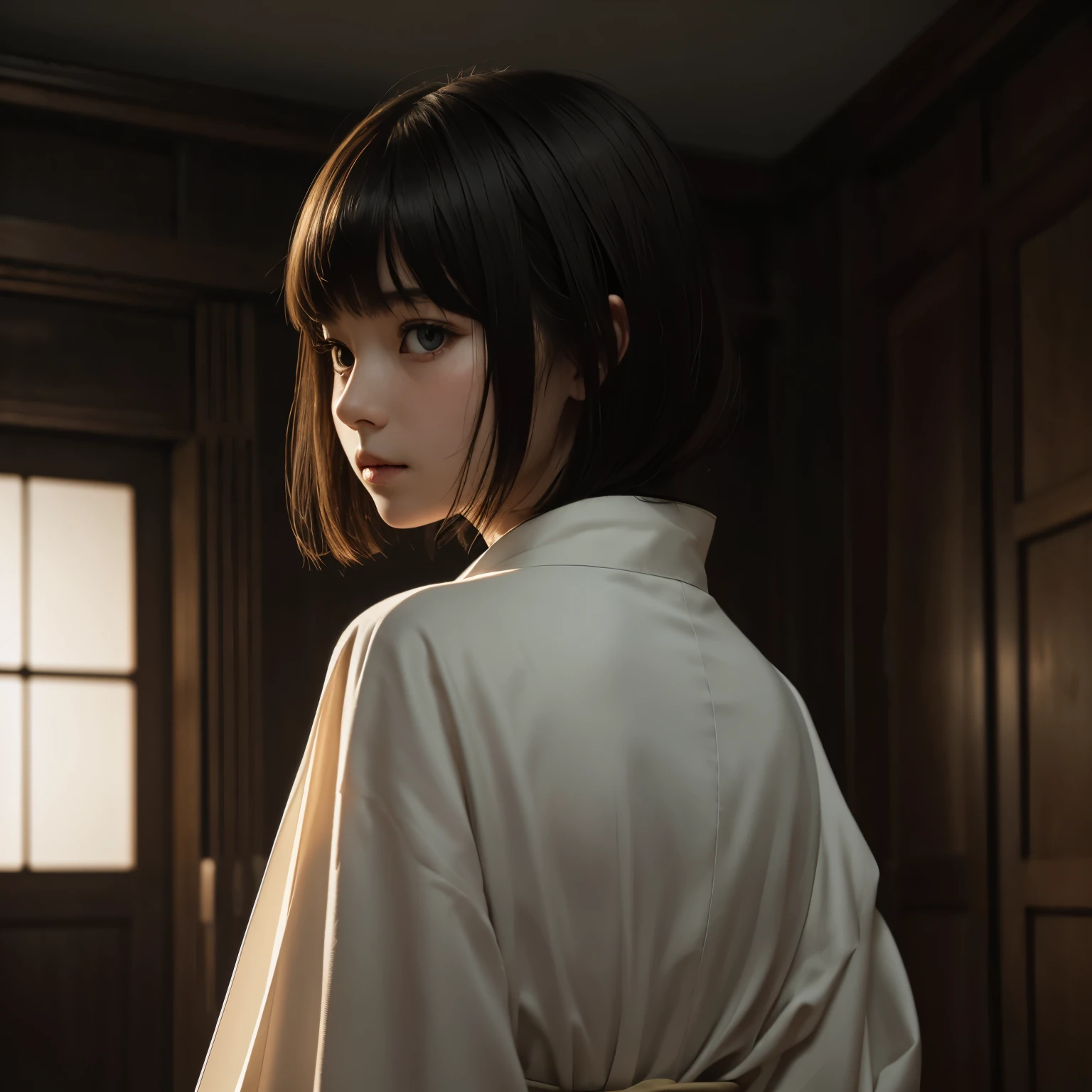 8k, best quality, realistic photos, realistic details, clear face, delicate facial features, real skin shine, a cute girl, shy, facing the camera,a woman with long bangs, her face was pale, her eyes were black, a little bloody, wearing a plain white kimono, holding a camera, from behind her body several ghostly hands could be seen reaching towards the front of the background in the old room which looked dimly lit. Inspired by the horror film entitled The Eye and Shutter.