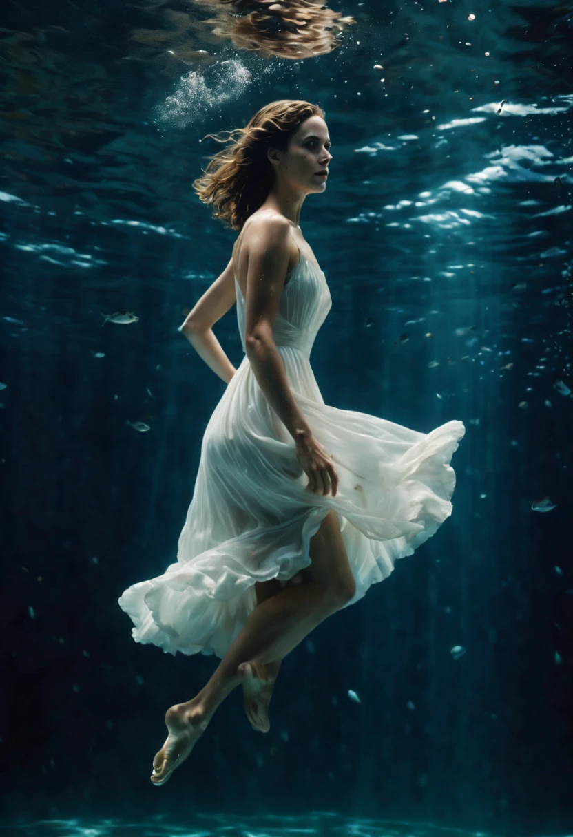 (Sharp Detailed Image), An Oscar winning movie for Best Cinematography a woman in a white dress and perfect feet is swimming under water Kodak Motion Picture Film Style, (High detail, photograph, realistic), (best quality, masterpiece, Representative work, official art, Professional, 8k:1.3)