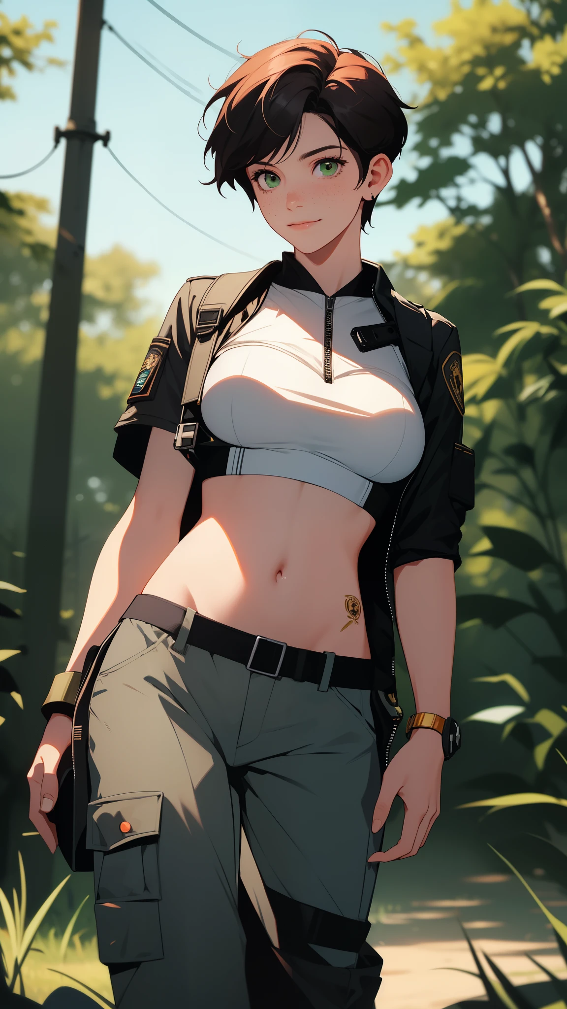 gwen tennyson,1girl,tracer,jill valentine, rebecca chambers,overwatch,resident evil,close up,mecha pilot,body paint, haunted forest,tattoos,blue and gray plugsuit,hair pin,steel short sleeve silk top,steel cargo pants,uncovered belly, short hair,cute makeup,green eyes,red and gold hair,shy smile,freckles, redhead,beautiful girl,large breasts, ultra detailed,realistic,fantasy art, military uniform,steel armor,haunted lab,moonlight,police uniform,pilot jacket,