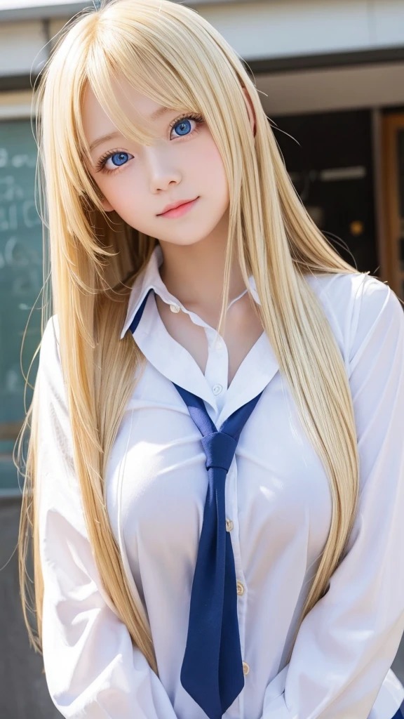 Shiny super long bright blonde straight hair、beautiful hair between the eyes、Very cute beautiful sexy young girl、so perfect beautiful cute face、Clear beautiful cute light blue big eyes、school uniform、very big breasts