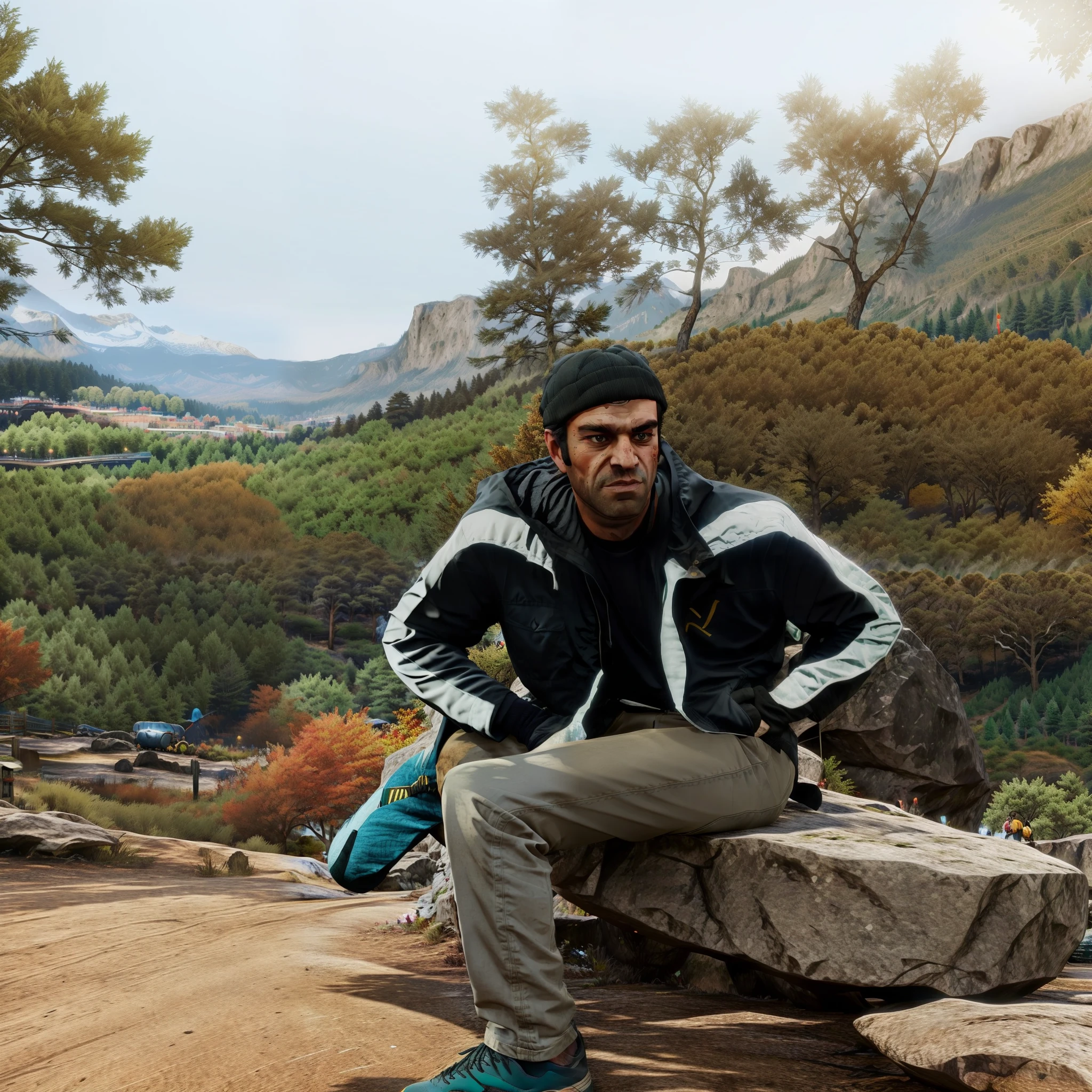 arafed man sitting on a rock in front of a tree, hills in the background, shot on nikon z9, in front of a forest background, amidst nature, taken with sony alpha 9, with a cool pose, with a park in the background, full body photogenic shot, with mountains in the background, park in background don't change the face