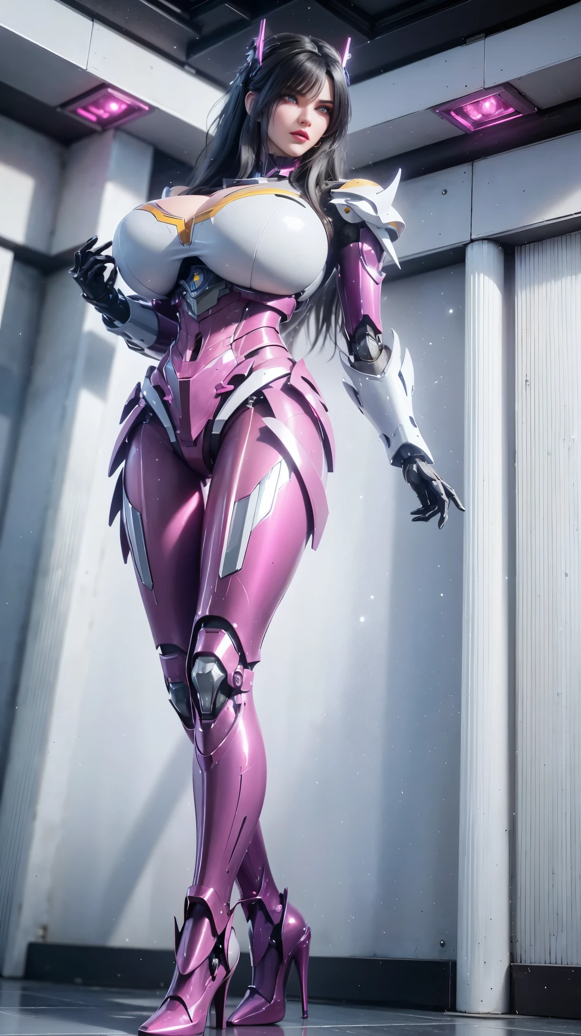 A beauty girl with black hair, (HYPER-REALISTIC:1.5), (PHOENIX GOLD HELM:1.1), (MUSCULAR BODY SHAPE,HUGE FAKE BREAST:1.5), (CLEAVAGE:1.5), (MUSCLE ABS:1.3), (MECHA GUARD ARMS:1.1), ((MAGENTA SHINY FUTURISTIC MECHA CROP TOP, BLACK MECHA SKINTIGHT LEGGINGS, WHITE MECHA GUARD ARMOR LEGS, HIGH HEELS:1.5)), (WET SWEATY BODYSKIN, LONG LEGS:1.1), (LOOKING AT VIEWER:1.3), (female focus:1), (WALKING IN HALLROOM OF FUTURISTIC SPACE STATION:1), (BRIGHT LIGHT WHITE_ROOM:1.3), HYPER TEXTURE, (4X MSAA), (UNREAL ENGINE 5 RENDER), PHYSICALLY-BASED RENDERING, ULTRA HIGHT DEFINITION, 16K, 1080P.