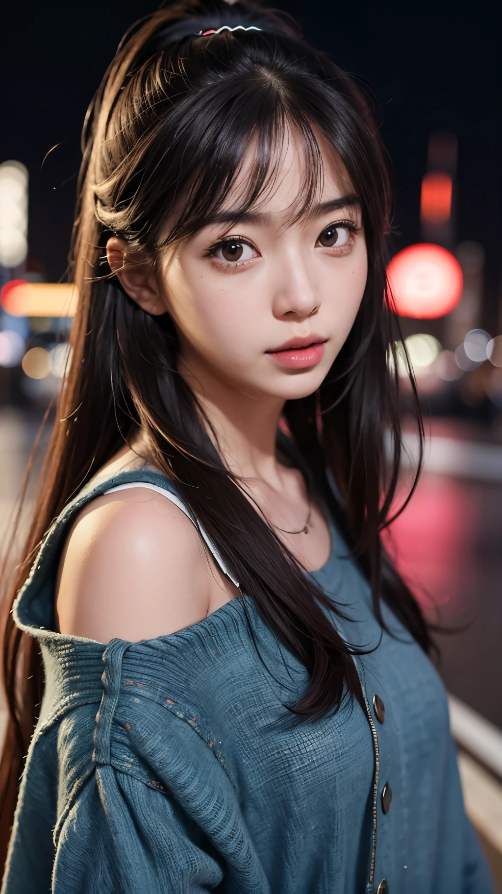 1girl, Tokyo Street, natta, view over city, City lights, The upper part of the body, closeup cleavage, 8k, RAW photos, best qualtiy, masterpiece, realisticlying, photograph realistic,underdressing,huge tit, stylish clothes