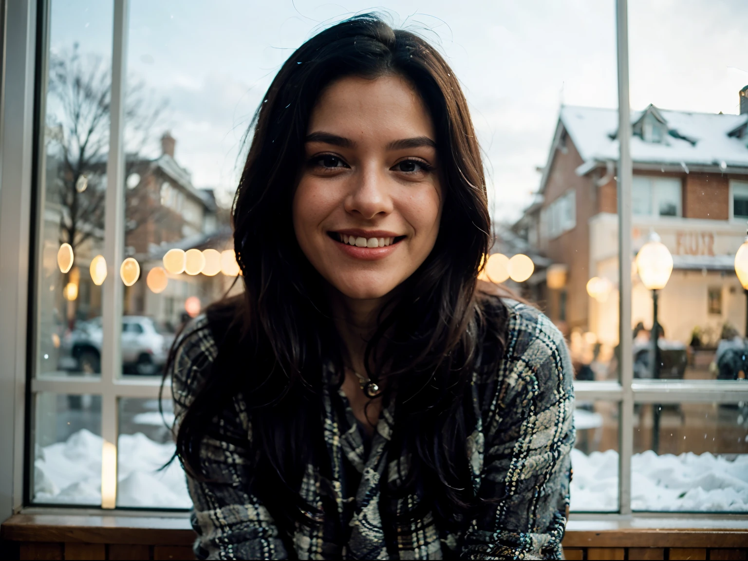 ((best quality)), ((masterpiece)), (detailed), perfect face , long black hair , waist shot , half body , winter , happy , laughing , sitting