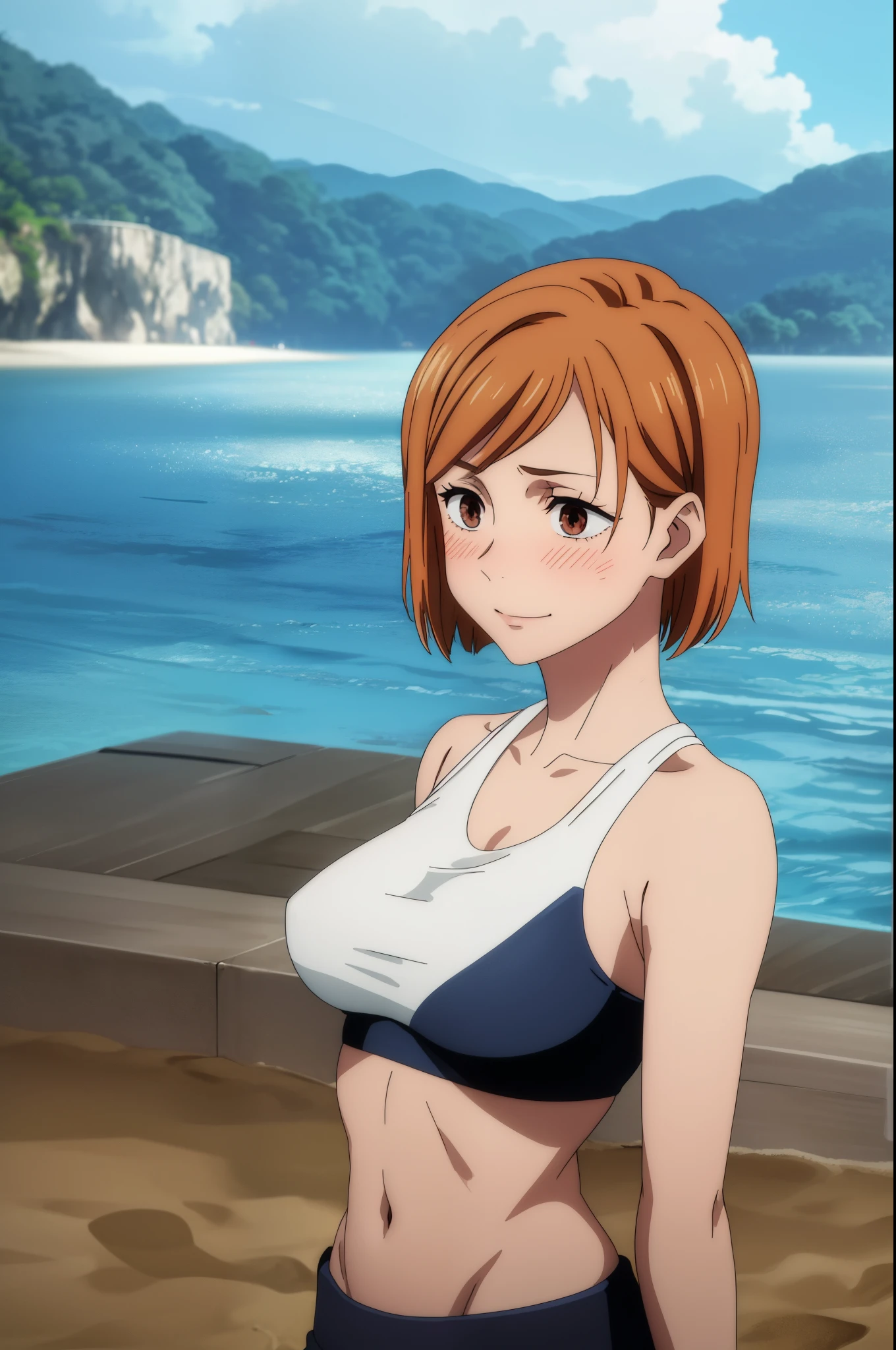 (masterpiece), (best quality), (Super detailed), (Best Illustration), (best shadow), (ridiculous), Nobalakugisakinova, short hair, orange hair, ((brown eyes)), Kugizaki Nohara, 1 girl, alone, Bangs, looking at the audience, Upper body, ((Blue sports bra)), split, beach background, Perfect body, ((Perfect breasts)), hourglass figure, thin waist, very thin waist, big breasts, Sexy, (skinny), ((blush)), bare shoulders, Bare collarbone, Smile, Bare neck