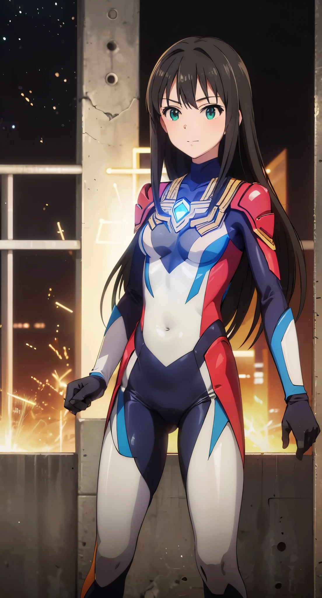 (masterpiece、highest quality、In 8K、High resolution:1.2)、alone、1 girl、 Rin Shibuya、tight clothes、cowboy shot、smile、Hero Suit、body suit、tight suit、trained abdominal muscles、Trained biceps、(nffsw :1.0）、 レッドウルトラマンbody suit、glowing gemstone on the chest、（building:1.2)、night scene