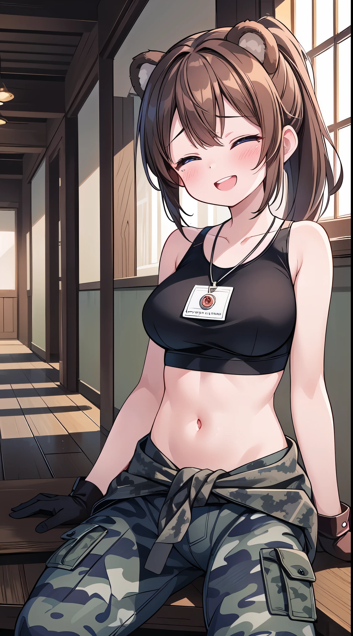 (masterpiece, top quality, best quality, official art, beautiful and aesthetic:1.2),ultra-detailed,intricate details,amazing illustration,award-winning art,atmospheric, 
BREAK  1 beautiful girl, ( girl),Solo,(Cute:1.5),(Chibi:0.6),(kawaii:1.5),(Lori:0.5),BREAK,1 beautiful girl, (17 years old detailed, colourfull, highest details, BREAK, (Huge breasts: 1. 2), Clear skin, Beautiful skin, Shy skin, 1 beautiful girl, (Brown hair:1.75), (Cat ears, Ponytail, medium-Long hair: 1. 2), (Light blue eyes, long eyelashes, Double eyelids: 1. 2),Solo,gleaming skin, Clear skin, Beautiful skin,(best quality face),(Top quality glowing eyes),(The best smile,:D:1.45), nose blush, sleepy, grin, open mouth, BREAK,

sitting, leaning back, arm support, knees together feet apart, from below, close-up pussy, dutch angle,embarrassed, (closed eyes:1.2), open mouth, sleepy, surprised, tears

BREAK (black theme:1.4), (black tank top:1.4), ((stomach, navel):1.3), (abs:1.2), (bear arms:1.2), (leather gloves:1.3), (combat boots:1.2),
BREAK (baggy camouflage pants:1.4), (clothes around waist:1.5), (dog-tag:1.3), (troops Insignia:1.3),

BREAK, hallway, floor, window, shiny hair, portrait, panorama shot, cinematic angle, BREAK,wakame,wakame,wakame,(Cowboy Shot:1.4),

BREAK,(Blurry background:1.3),(absurderes, hight resolution, Super Detail Art),cel shading,Clear Color, Lonely optical effect, Beautiful pictures, Bright glow, mystic atmosphere,(Close-up of girl:1.1), Mystical light particle effect,manga influence, clean line drawings,