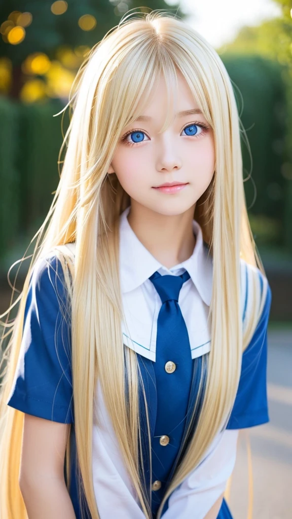 Shiny super long bright blonde straight hair、beautiful hair between the eyes、very cute beautiful sexy young teenage girl、so perfect beautiful cute face、Clear beautiful cute light blue big eyes、school uniform、very big breasts、hair over face