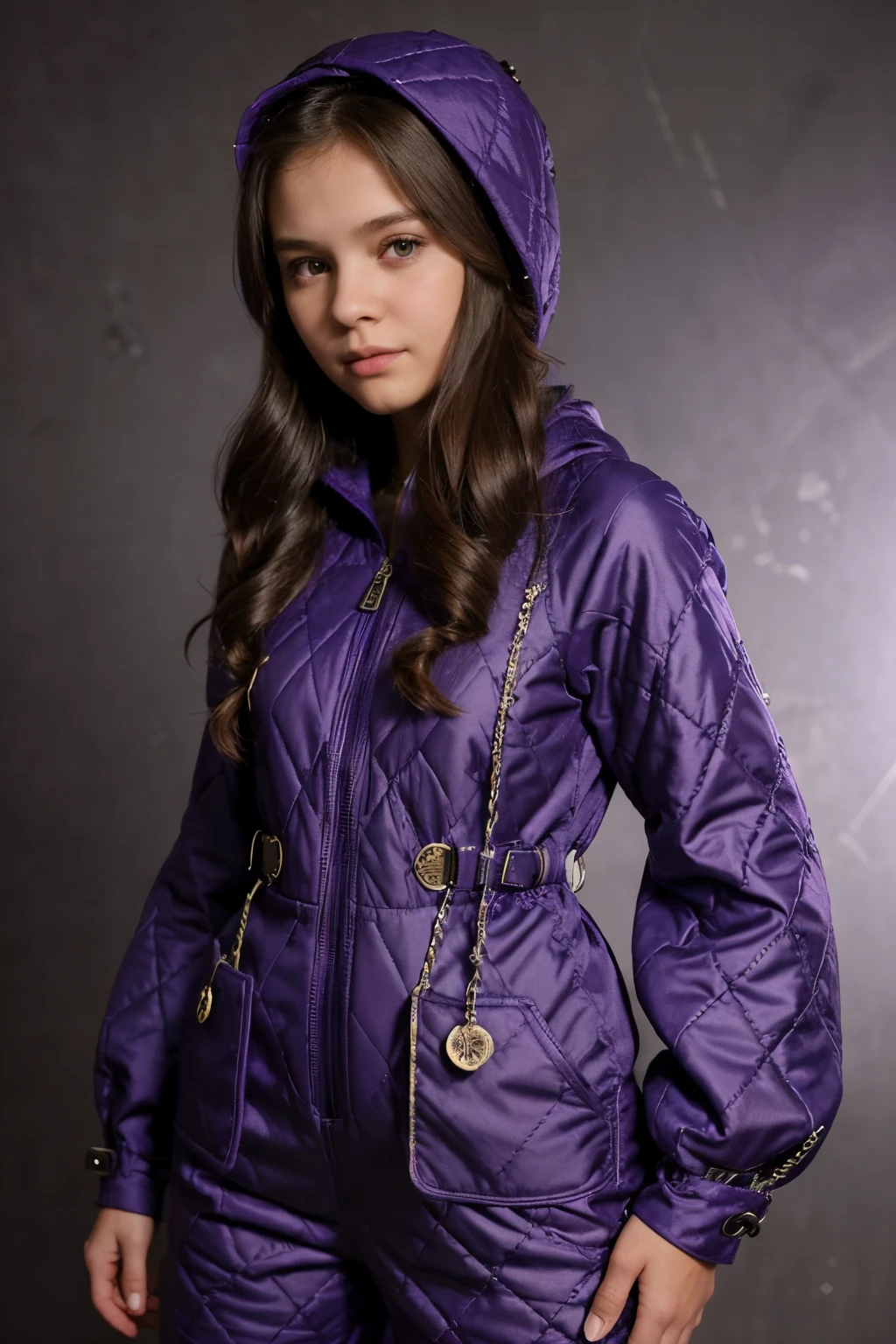 High quality photos. A 10-11-year-old girl in full height in a voluminous, diamond-quilted purple winter jumpsuit with an animalistic pattern, with a hood. There are many pockets on the jumpsuit: front, back and sleeves, a lot of clasps with buttons and zippers, original elements, finishing stitches. Steampunk style.