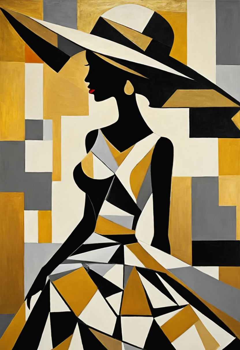 Captivating woman silhouette wearing a dress and a hat, highly detailed, highest quality, abstract cubism acrylic painting, Picasso style, gold black white, painting, vibrant, conceptual artv0.1, painting