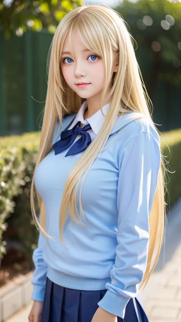 Shiny super long bright blonde straight hair、beautiful hair between the eyes、very cute beautiful sexy young age girl、so perfect beautiful cute face、Clear beautiful cute light blue big eyes、school uniform、very big breasts、hair over face