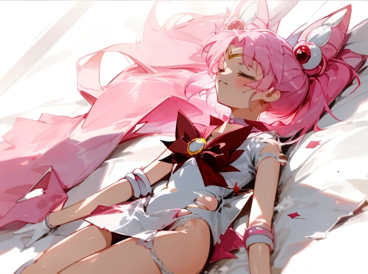 anime girl laying down on the ground, 1 girl, closed eyes, torn clothes, white panty, chibiusa