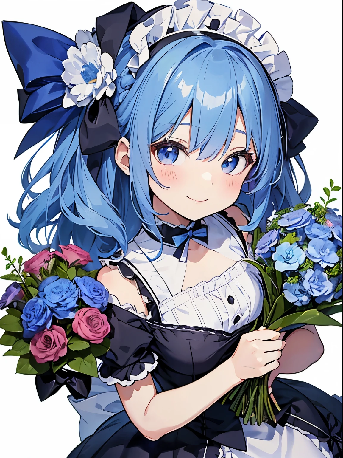 chibi character、2 heads、simple white back ground:1.5、Blue-haired girl wearing a maid outfit、((with a large bouquet))、smile、Present a bouquet of flowers to the viewer、(Front facing:1.5)、Maid appearance、Gothic Lolita、