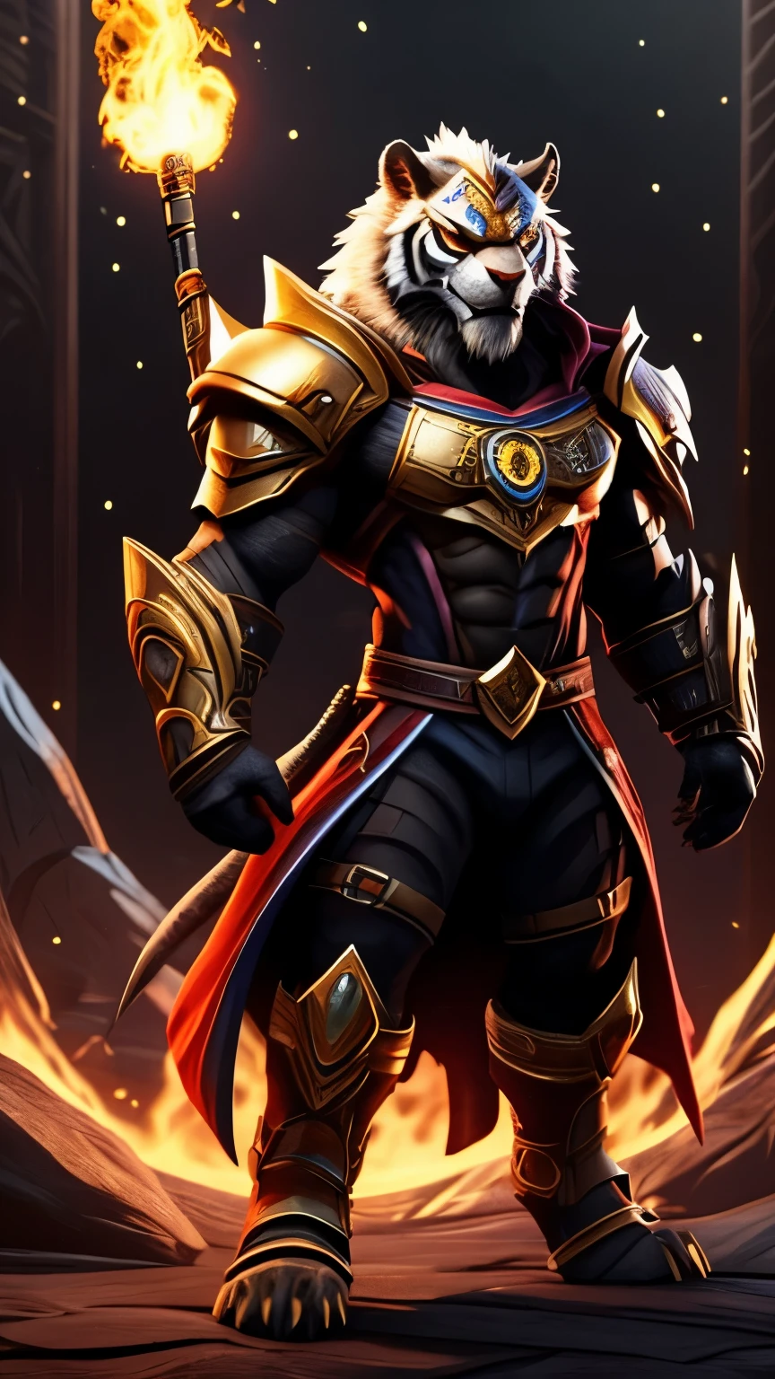 A Golden {Tiger}, Golden Fire, Gold Armour, Light Effect, Blizzard Style Art trend, Luminous Fog Luminous, Volume Light, Asgard Style, Luxury Background, Decorative Openwork Lace Elements and Jewelry, Cinematic, Chinese Zodiac