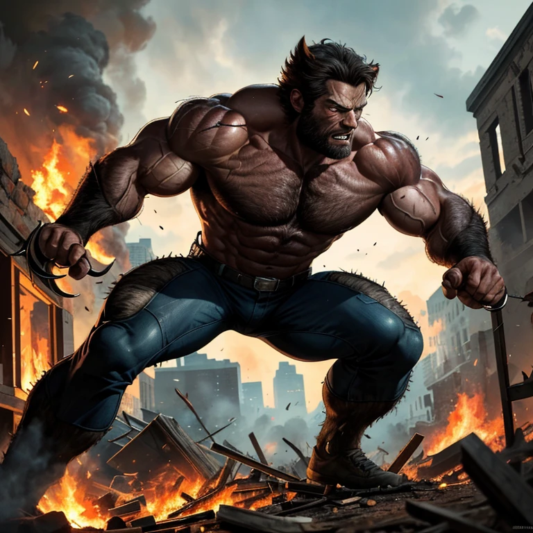 Wolverine, in an action-packed scene, stands before a roaring fire with a ruined building serving as an ominous backdrop. The muscular male hero, portrayed as Henry Cavill in the role of Wolverine, showcases a fierce and determined expression. nearby lies a carcaju, the Portuguese word for peccary, with its meat partially consumed, indicative of the hunt. The intricate details of the scene are brilliantly captured by the talented artist, Greg Rutkowski, also known as Artgerm, in this magnificent fan art piece. Detailed shading and extreme close-ups highlight both Wolverine's rugged features and the dynamic textures of the fire and environment