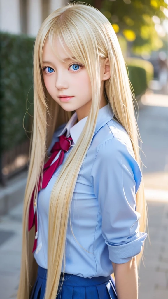 Shiny super long bright blonde straight hair、beautiful hair between the eyes、very cute beautiful sexy young teenage girl、so perfect beautiful cute face、Clear beautiful cute light blue big eyes、school uniform、very big breasts、hair over face