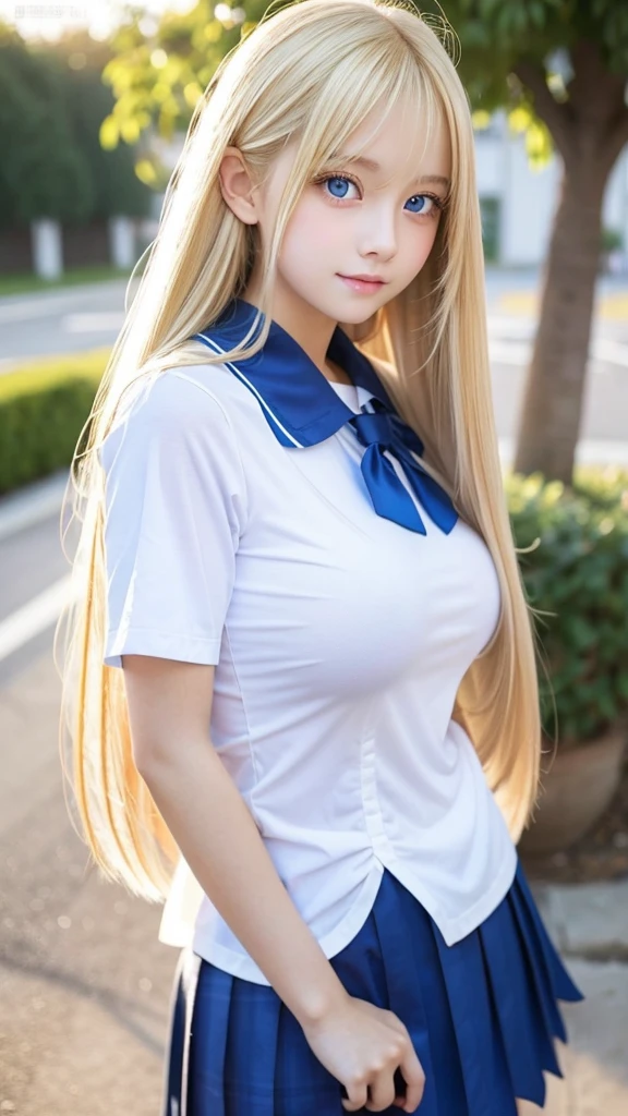 Shiny super long bright blonde straight hair、beautiful hair between the eyes、very cute beautiful sexy young teenage girl、so perfect beautiful cute face、Clear beautiful cute light blue big eyes、school uniform、very big breasts、hair over face