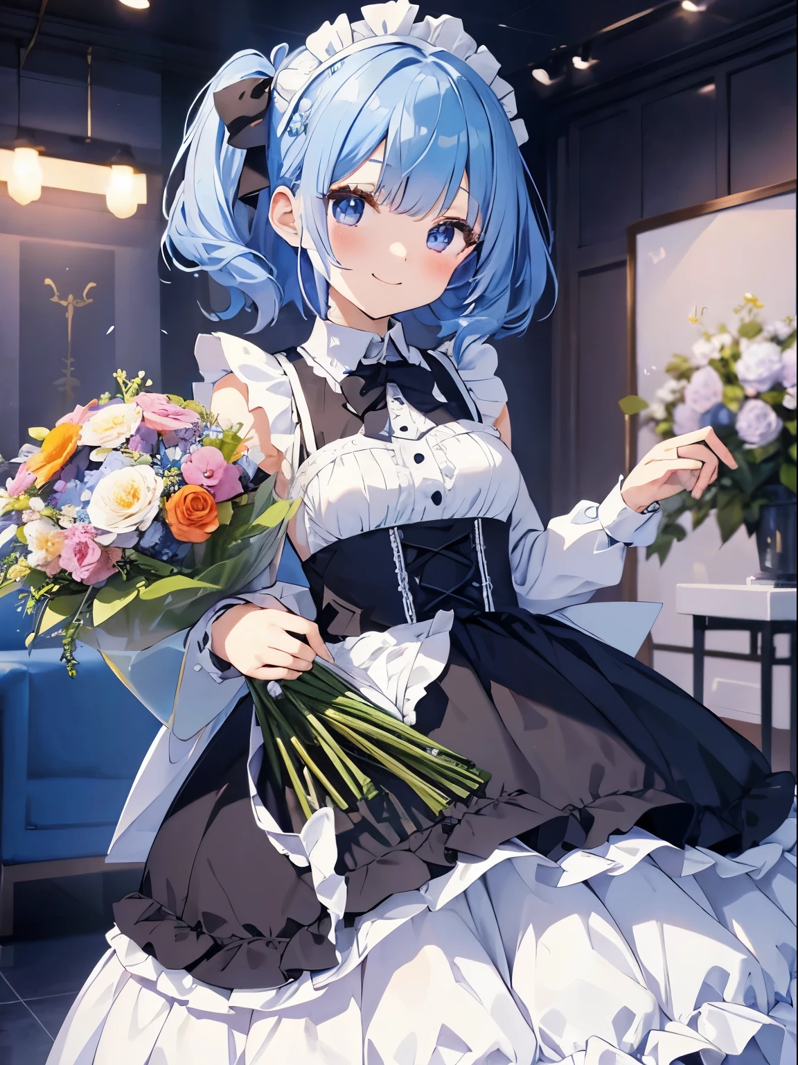 chibi character、2 heads、simple white back ground:1.5、Blue-haired girl wearing a maid outfit、((with a large bouquet))、smile、Present a bouquet of flowers to the viewer、(Front facing:1.5)、Maid appearance、Gothic Lolita、