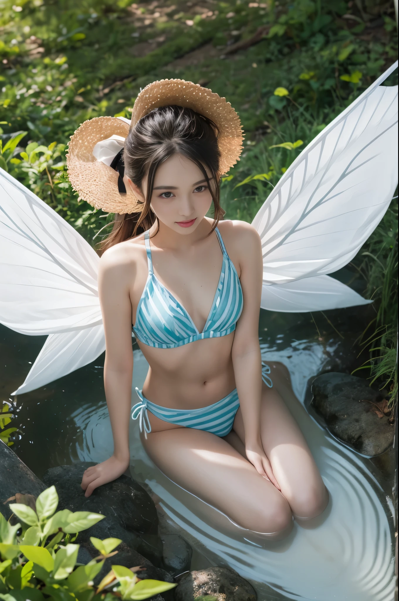 (8K、Live shooting、realistic:1.25)、1 girl、A fairy like a girl with a beautiful face、in the forest、Floating in the air and looking down from above、Overhead Shot、fairy wings are transparent、shy smile、whole body、luminous bikini swimsuit、、lip gloss、Glossy skin、highest quality、ultra high resolution、