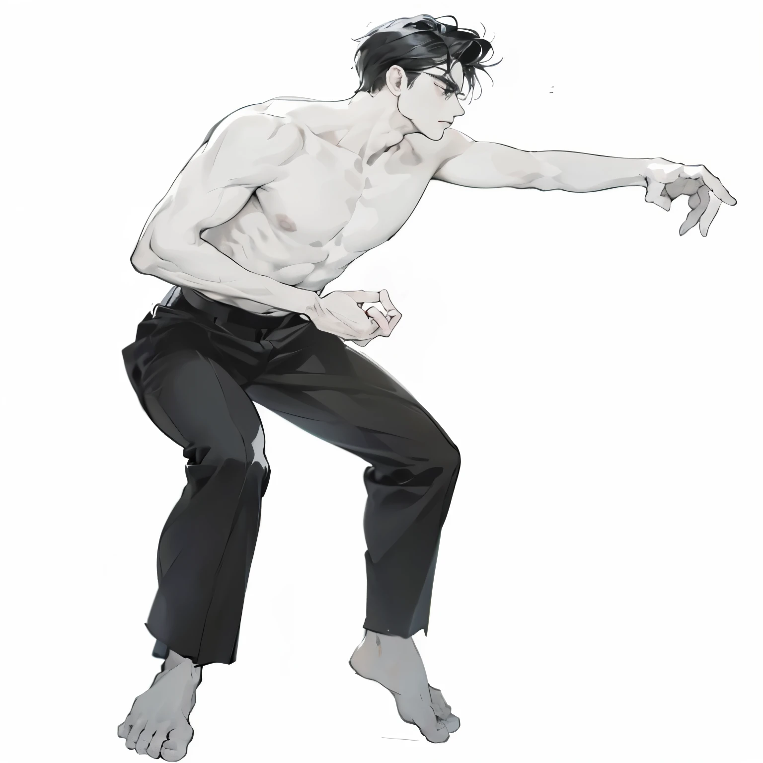 A drawing of a man wearing black trousers and no shirt., Men's Poses, Fighting posture, heroic Men's Poses, Fighting posture, Gesture study, anime pose, Beef cake pose, Fighter Plane Posture, posing for a fight intricate, give rise to references, Crooked gestures, Impressive gesture, Perfect dynamic poses, Martial Arts Moves, MMA Southpaw's stance, Realistic dynamic poses